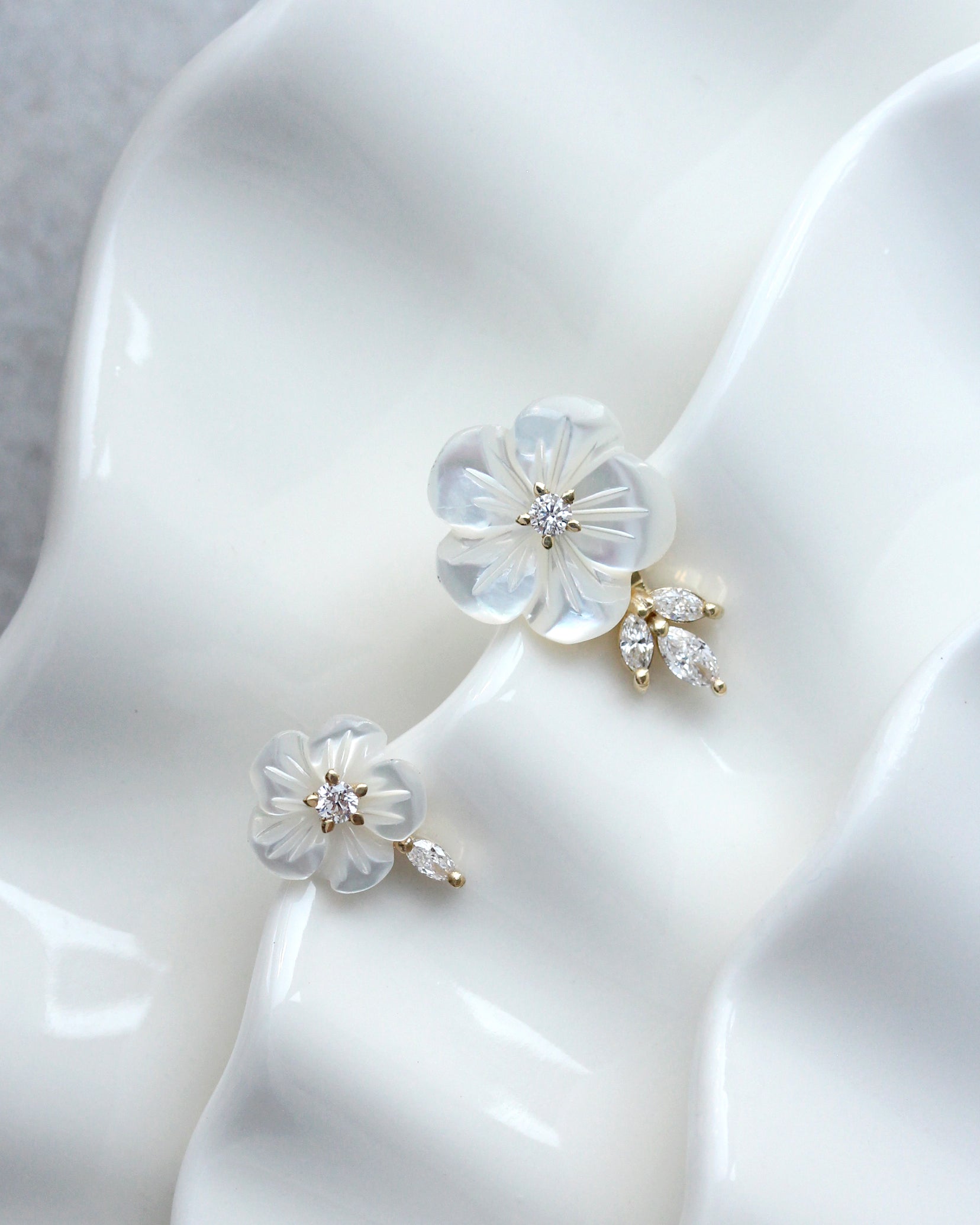 Small Pearl Flower Marqusie Diamond Stud Earring, Bridal Earrings
