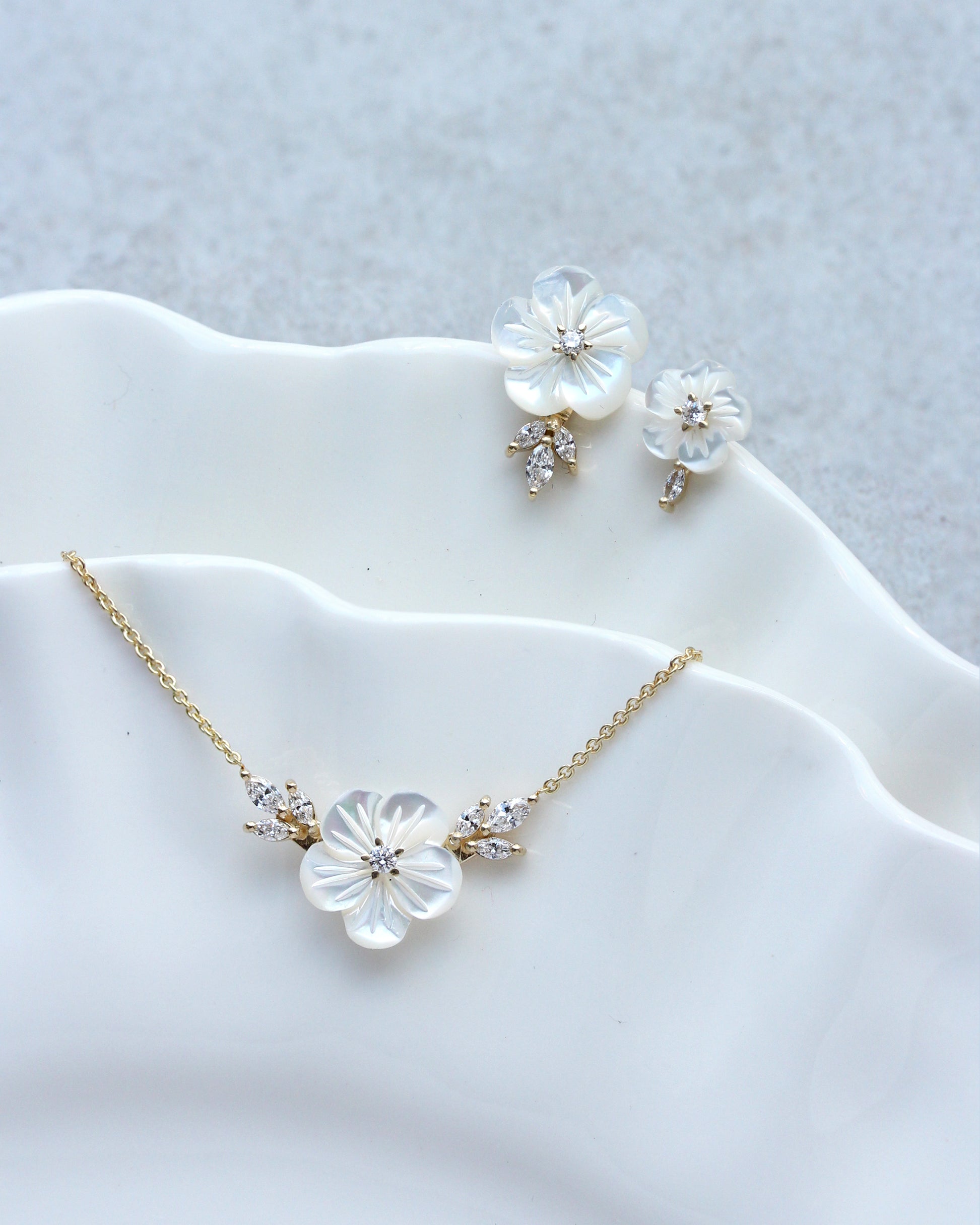Small Pearl Flower Marqusie Diamond Stud Earring, Bridal Earrings
