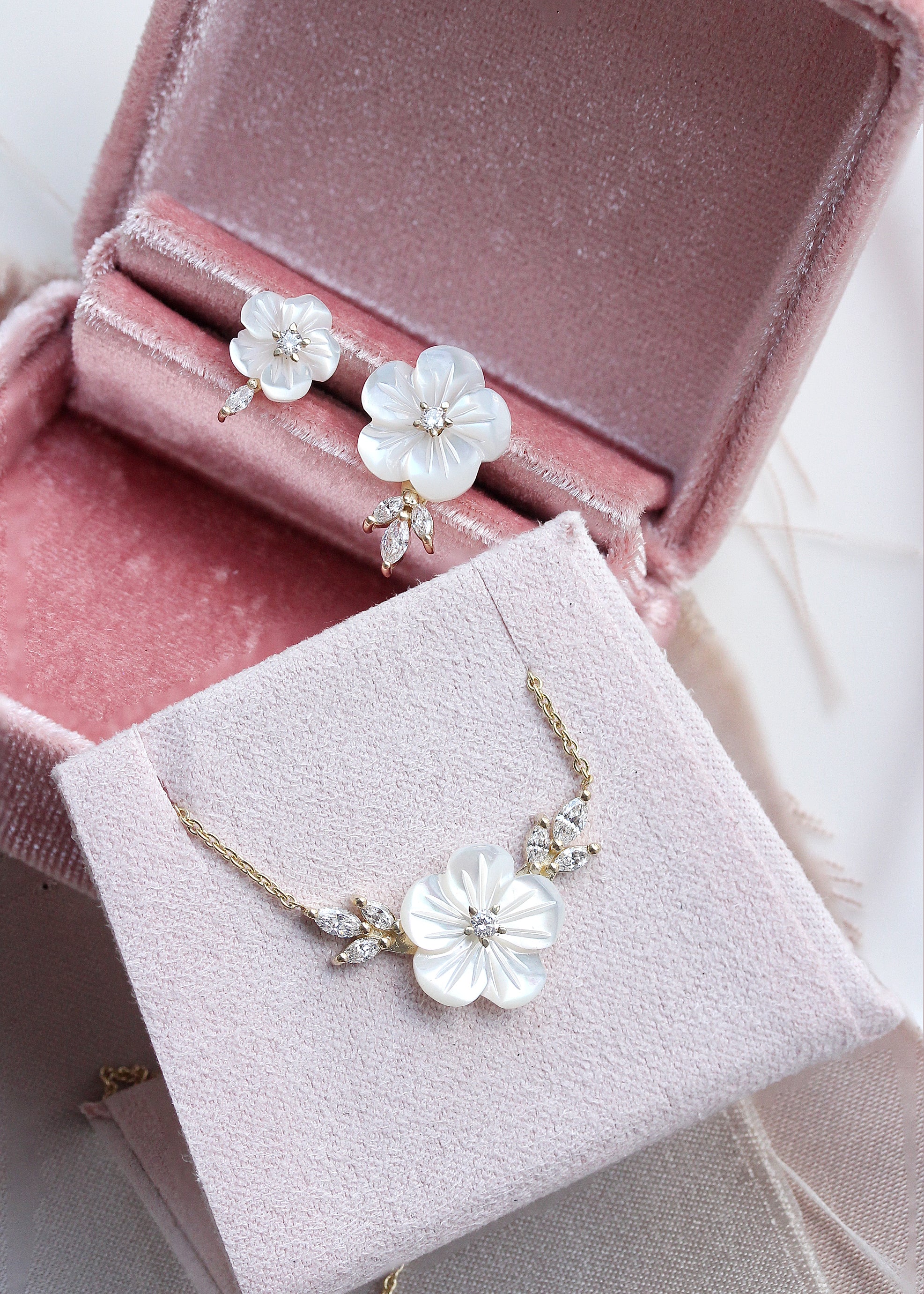 Small Pearl Flower Marqusie Diamond Stud Earring, Bridal Earrings