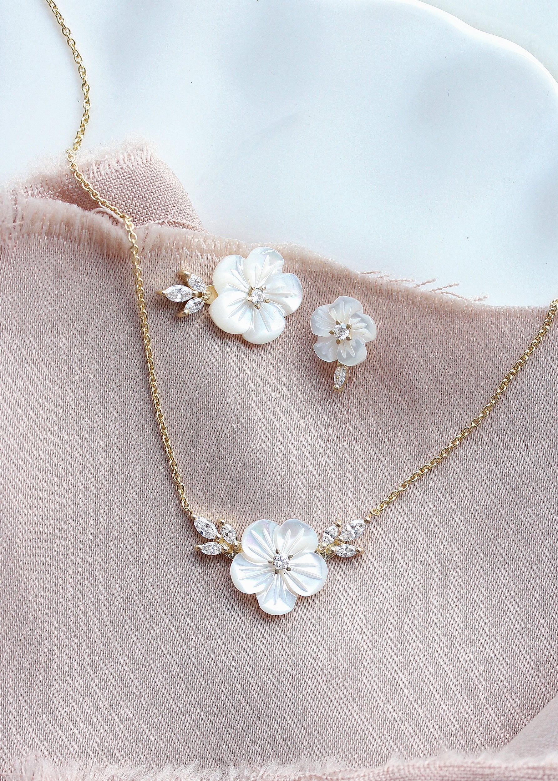 Small Pearl Flower Marqusie Diamond Stud Earring, Bridal Earrings