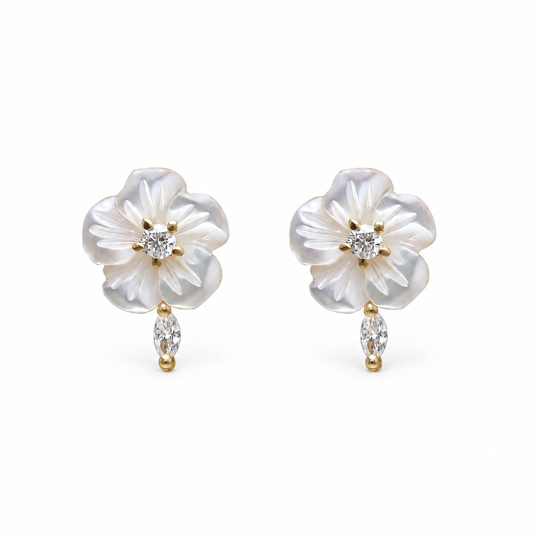 Small Pearl Flower Marqusie Diamond Stud Earrings, Bridal Earrings