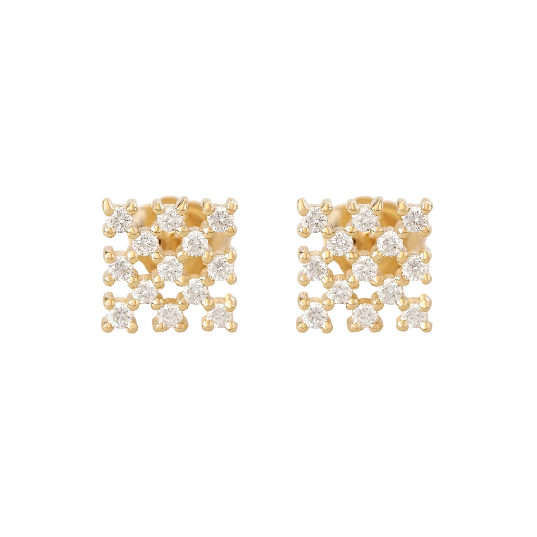 Square Chess Gold and Diamond Stud Earrings, chess gold cluster diamond stud earrings.