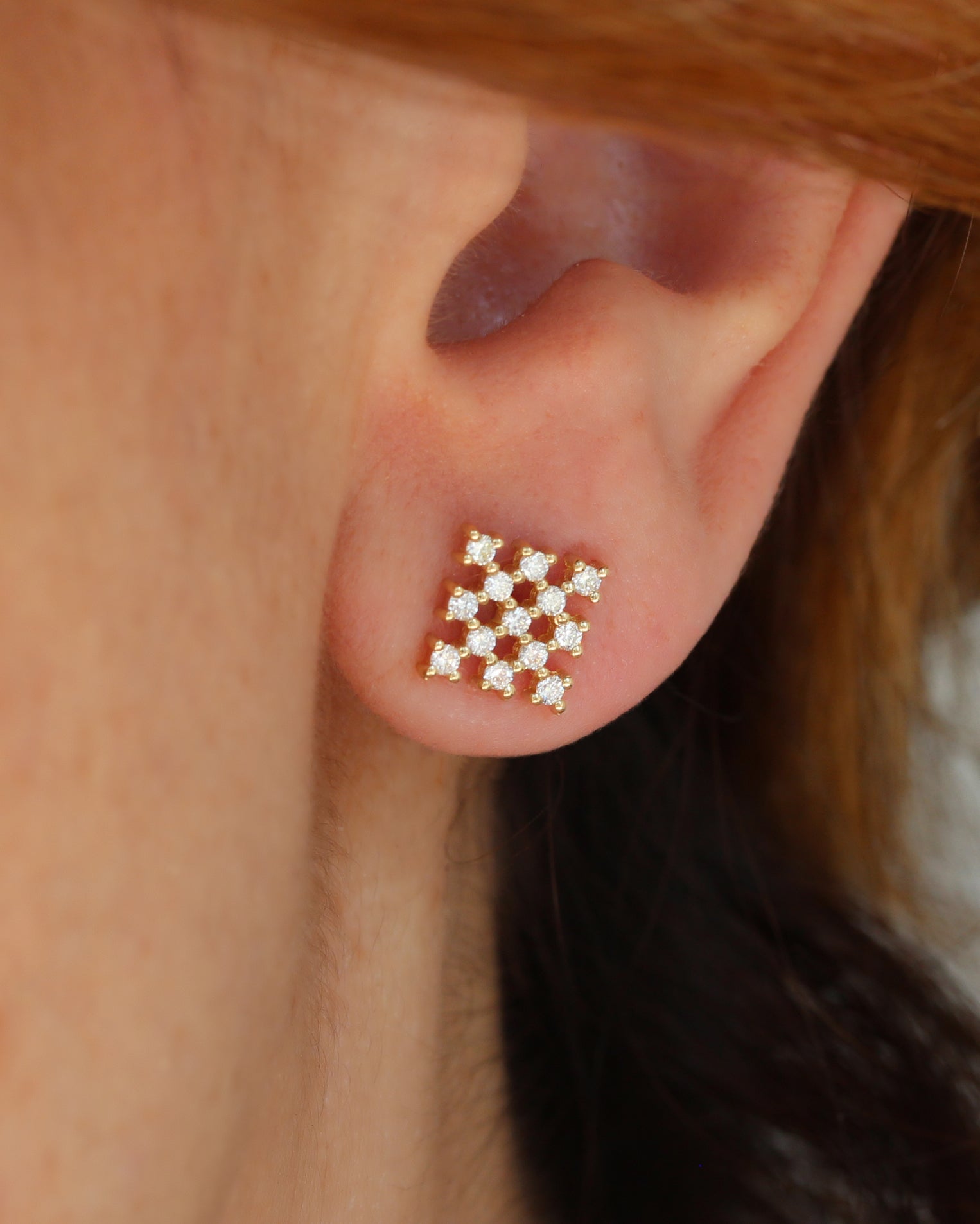 Square Chess Gold and Diamond Stud Earrings, chess gold cluster diamond stud earrings.