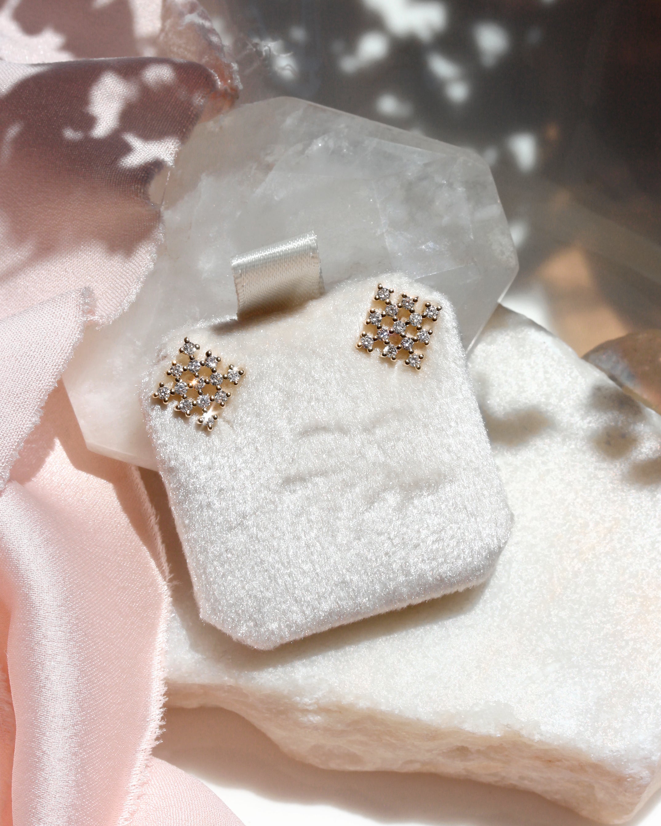 Square Chess Gold and Diamond Stud Earrings, chess gold cluster diamond stud earrings.