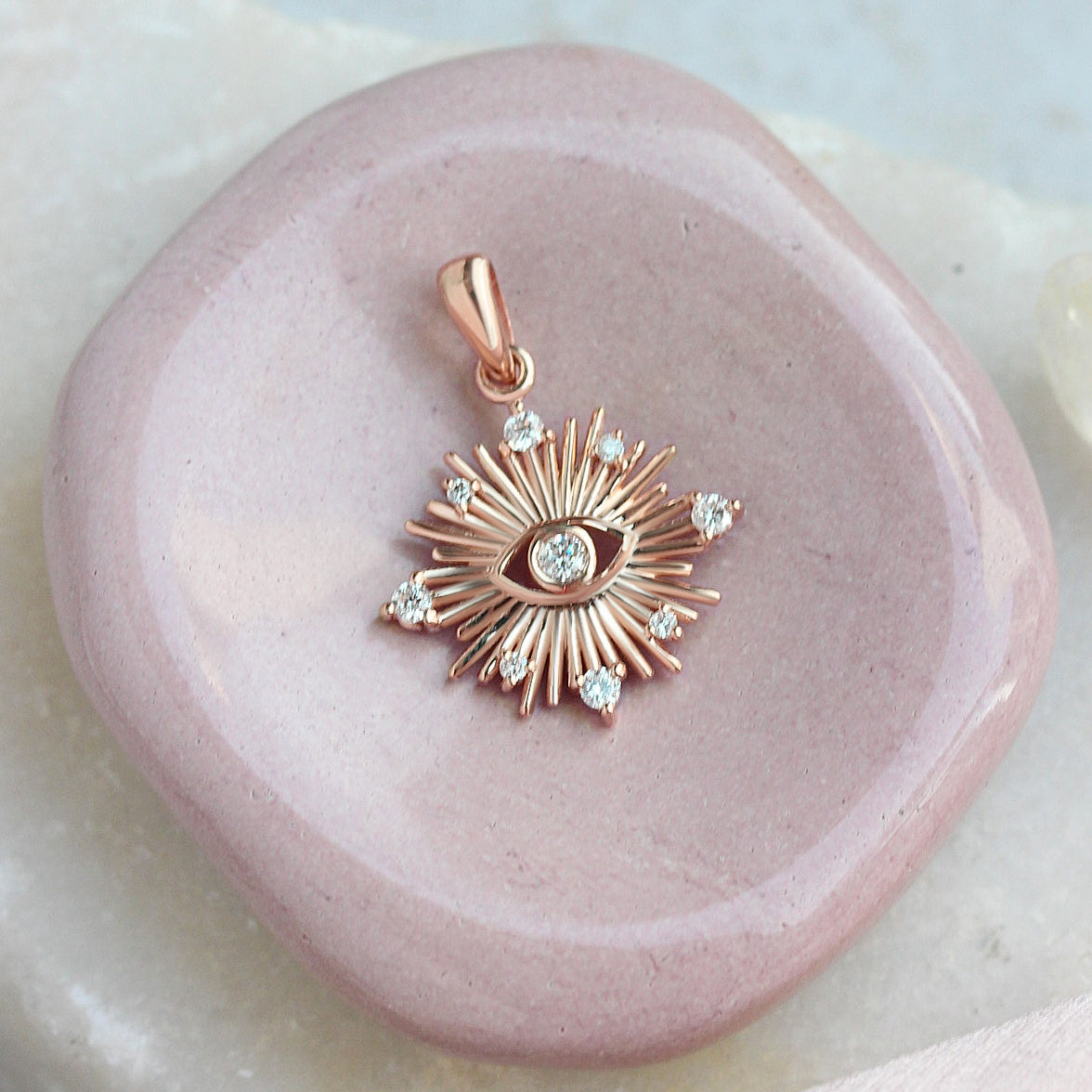 Sun Star Evil Eye Pendant | Nine Diamond Evil Eye Necklace | 14K Gold Protection Amulet | Dainty Diamond Talisman | Sunburst Eye Charm,  spiritual jewelry gift,  protection necklace gold, evil eye talisman