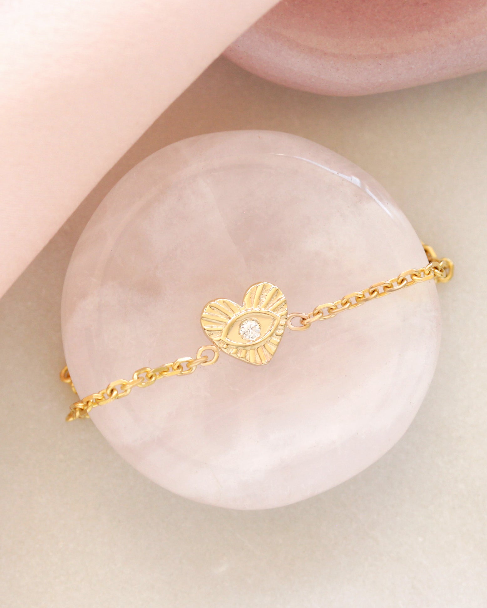 Tiny Heart Eye Diamond Girl's Bracelet, 14K gold girl's bracelet, diamond heart eye bracelet, fine gold jewelry for girls, delicate diamond bracelet, elegant girl's bracelet