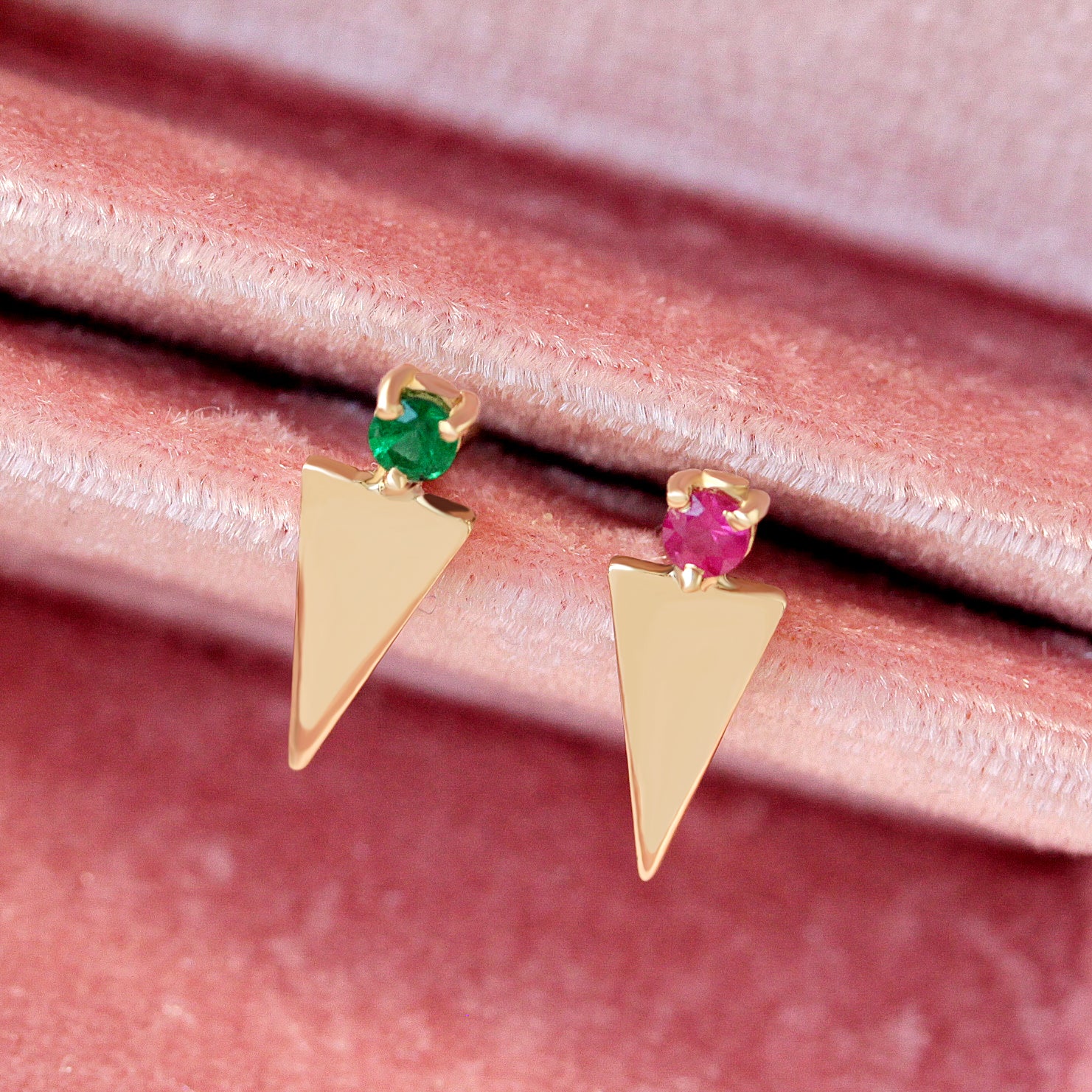 Triganle Gemstone and Gold Stud Earrings