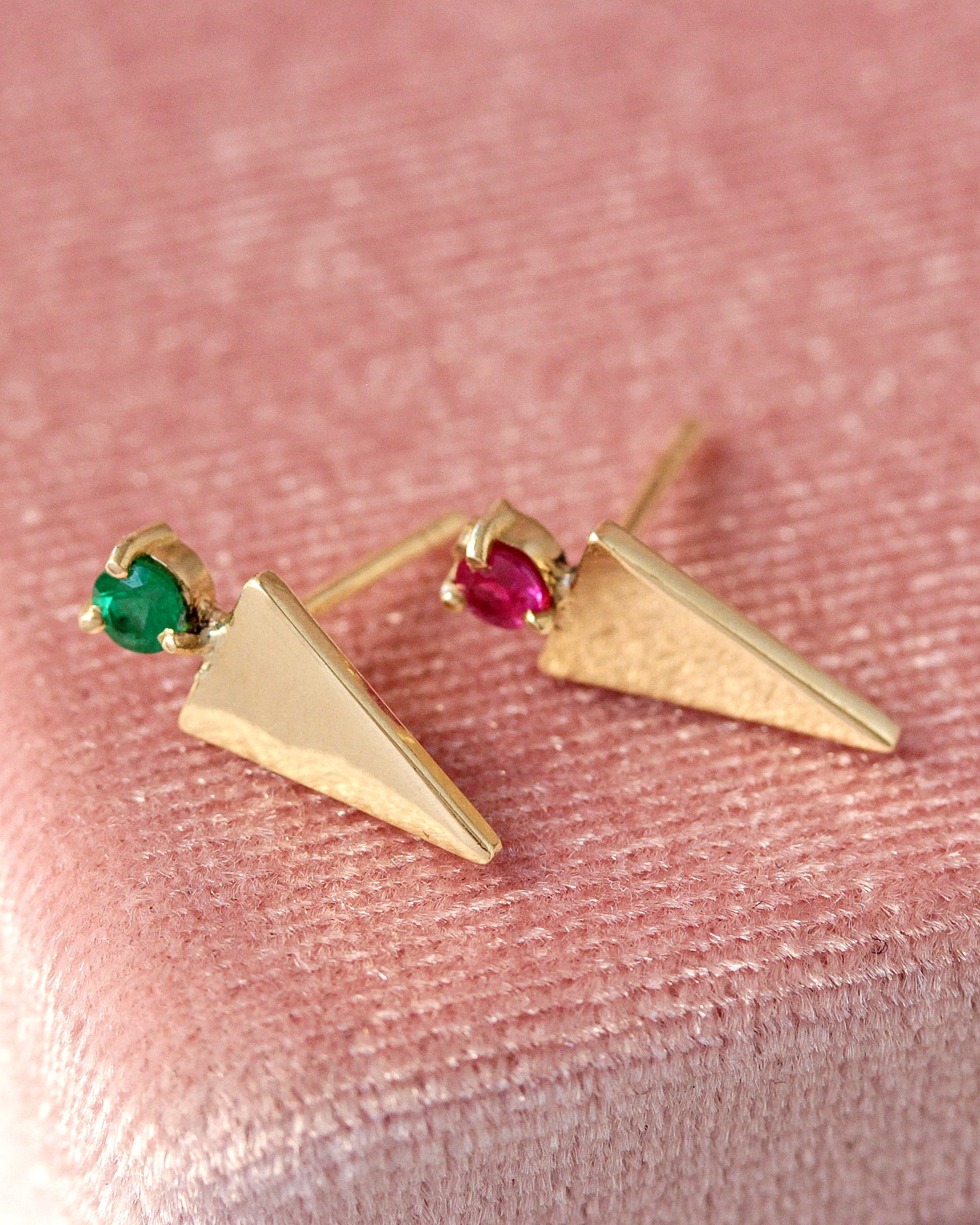 Triganle Gemstone and Gold Stud Earrings