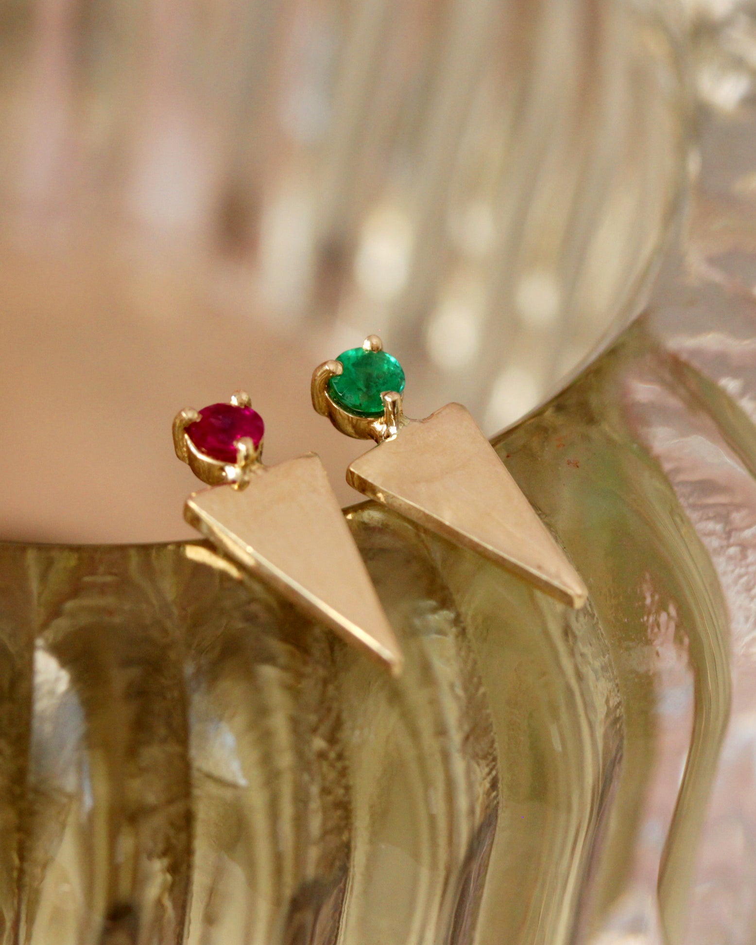 Triganle Gemstone and Gold Stud Earrings