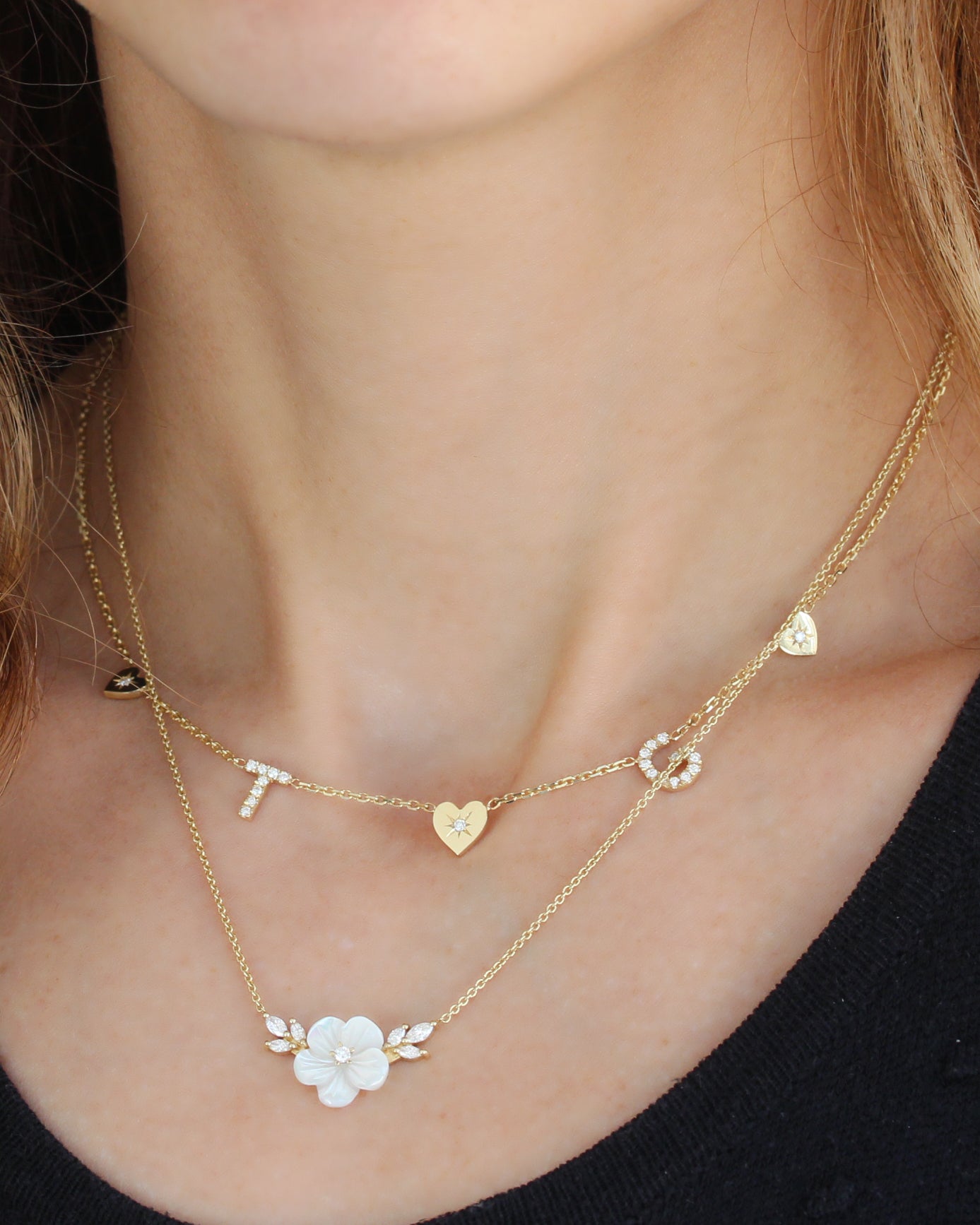 Two Diamond Initials with a Heart - Personalized yellow gold Diamond Necklace