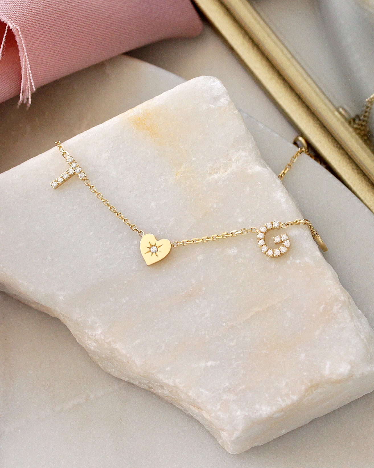 Two Diamond Initials with a Heart - Personalized Diamond Necklace
