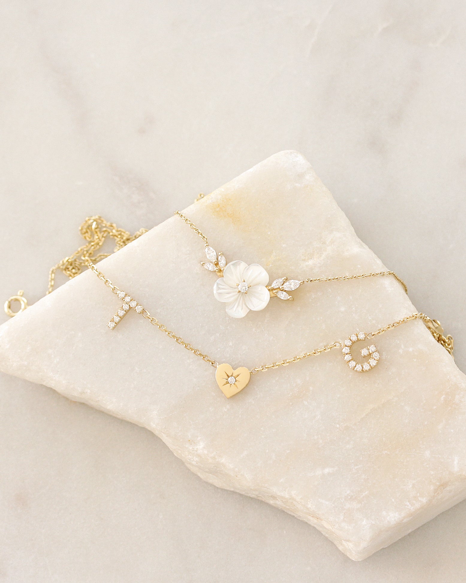 Two Diamond Initials with a Heart - Personalized Diamond Necklace