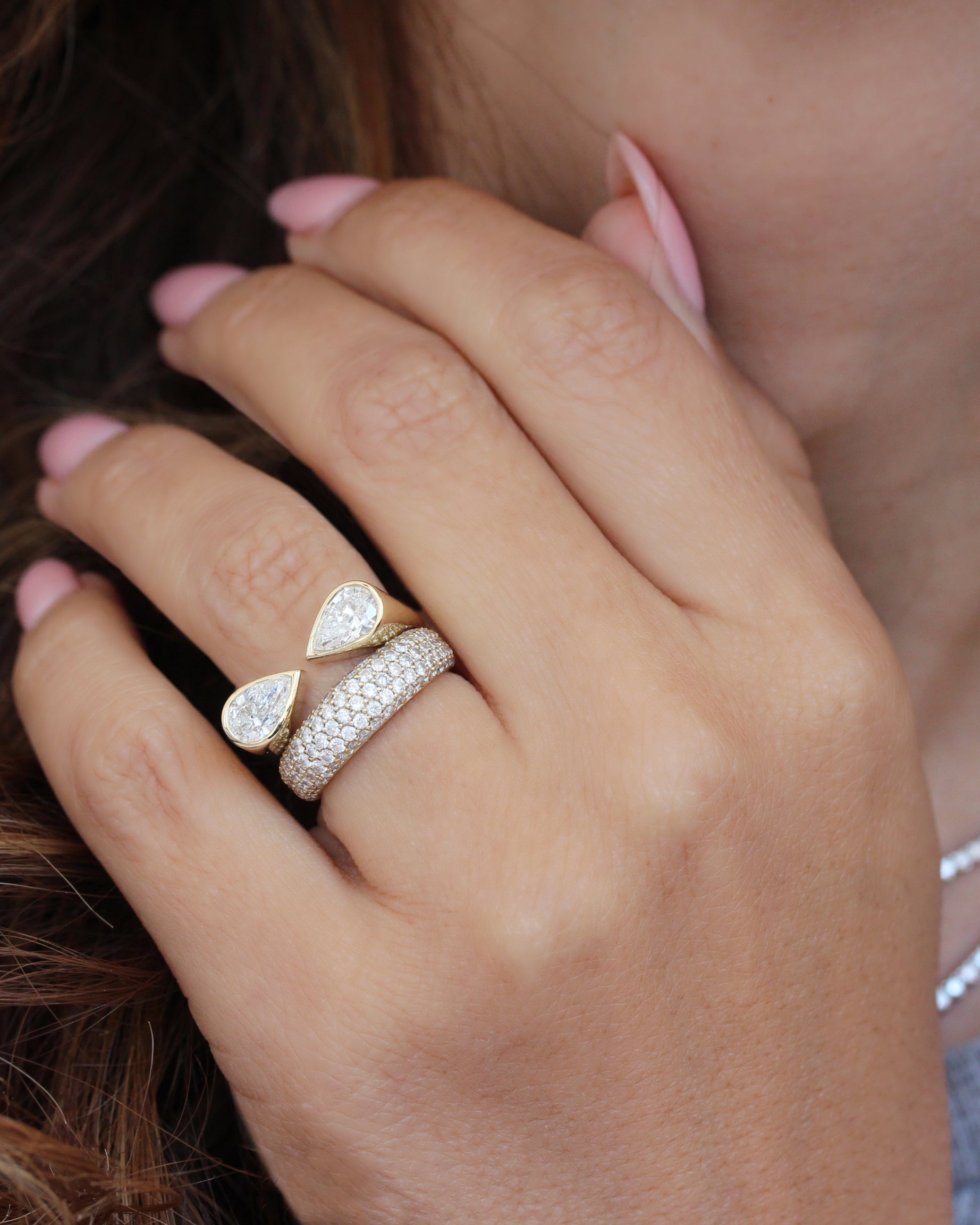 Two Stone Pear Diamond Toi et Moi Bezel Set Cuff Ring, bezel set, pear diamond, two stone ring, cuff ring, toi et moi