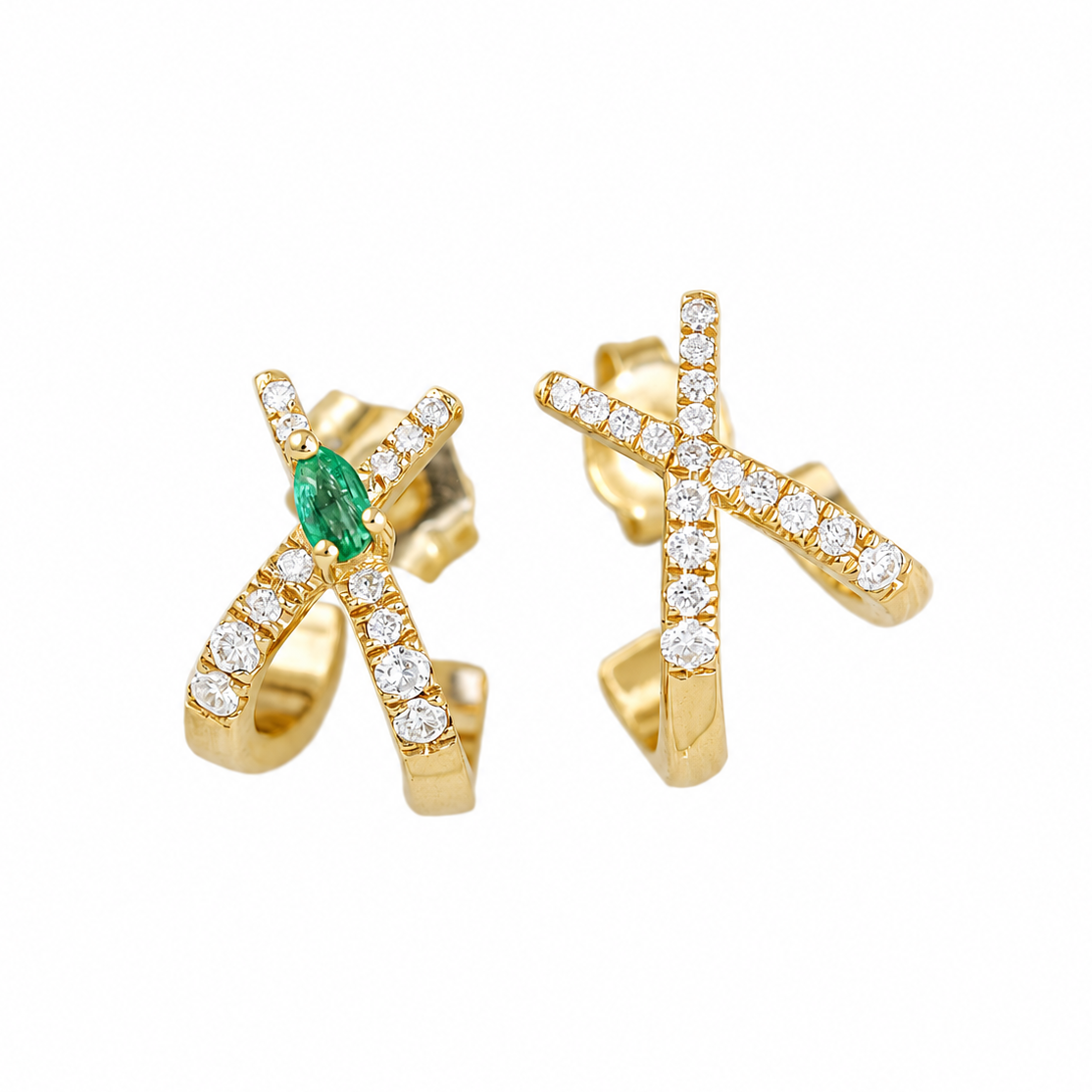 X Huggie Diamond Earrings with Pear-Shaped Emerald