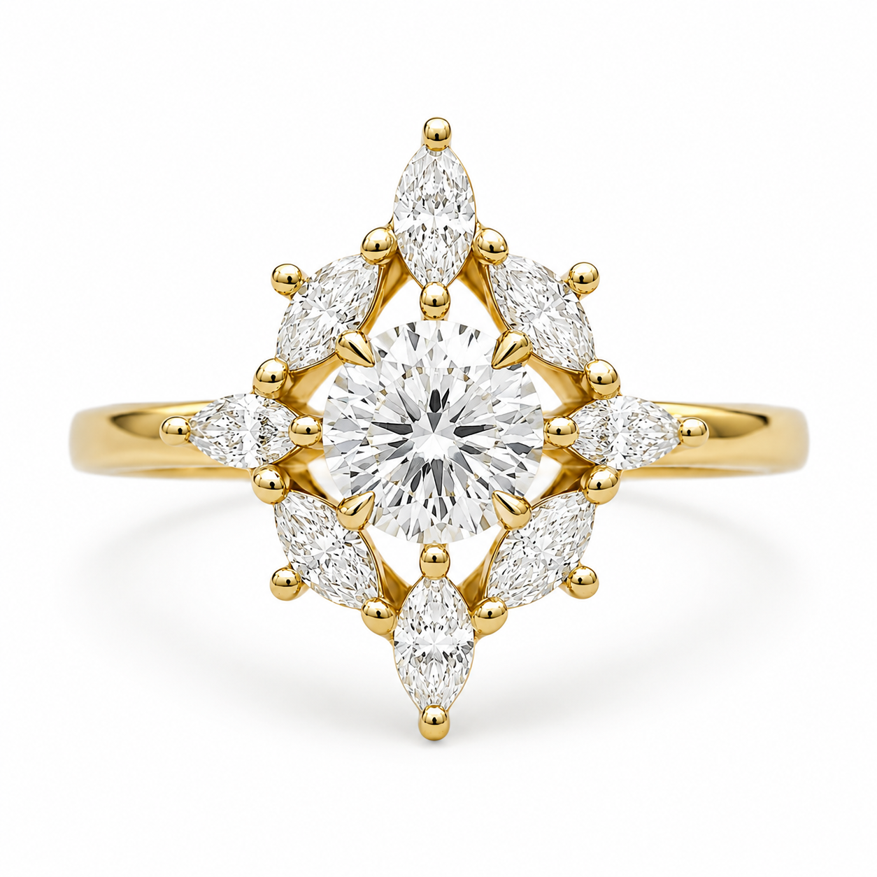 center round diamond 0.50ct A yellow gold cluster ring featuring a large round brilliant-cut center stone surrounded by marquise-cut side stones, set against a clean white background.