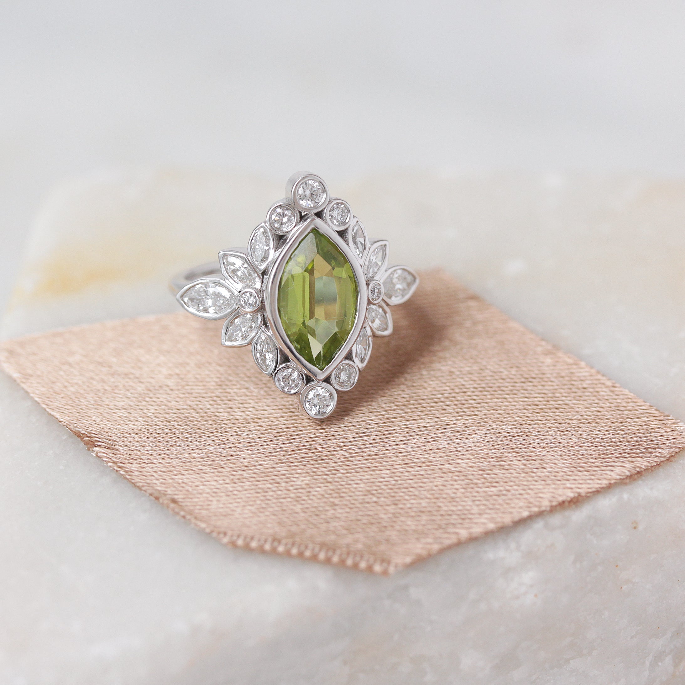 Peridot Marquise and Diamond Halo Bezel Settings Gemstone Engagement Ring - Alicent