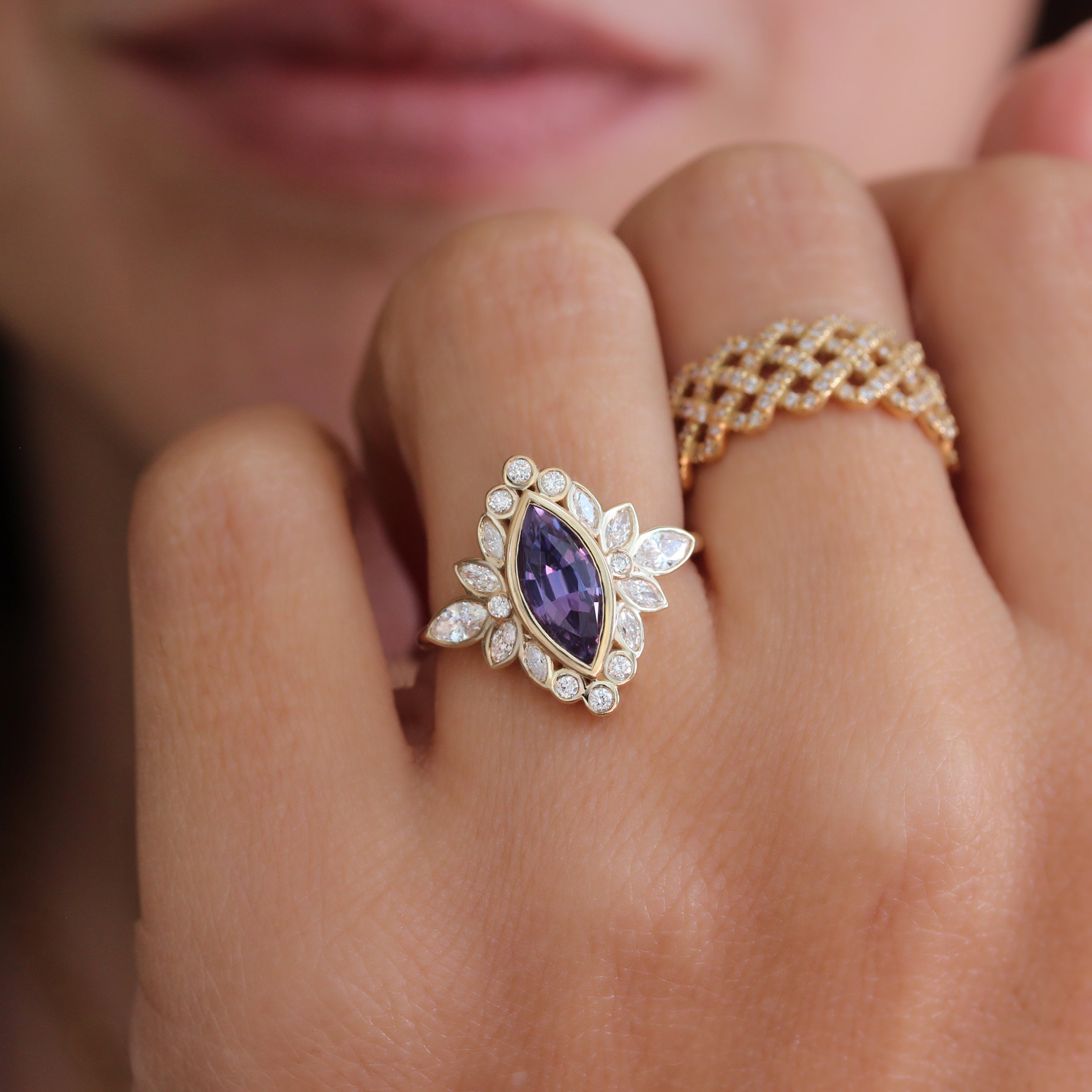Levander purple Marquise Sapphire Bezel Settings Gemstone Engagement Ring - Alicent