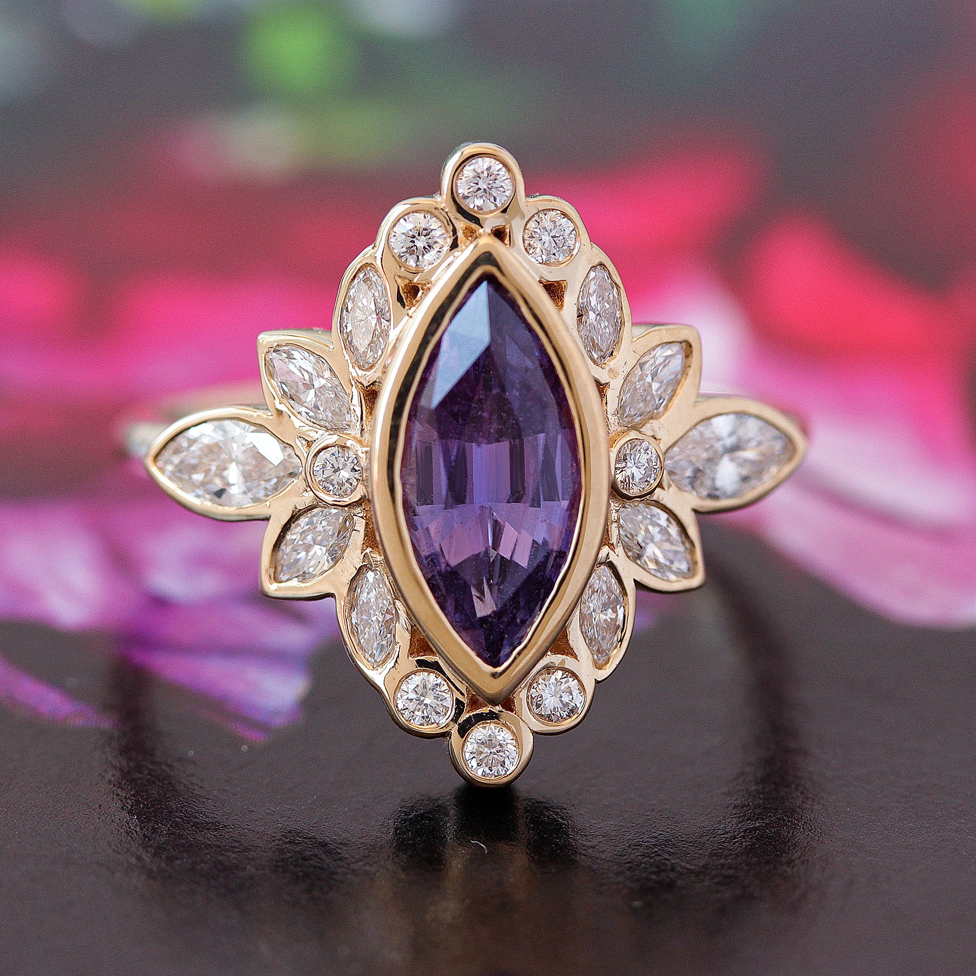 Levander purple Marquise Sapphire Bezel Settings Gemstone Engagement Ring - Alicent