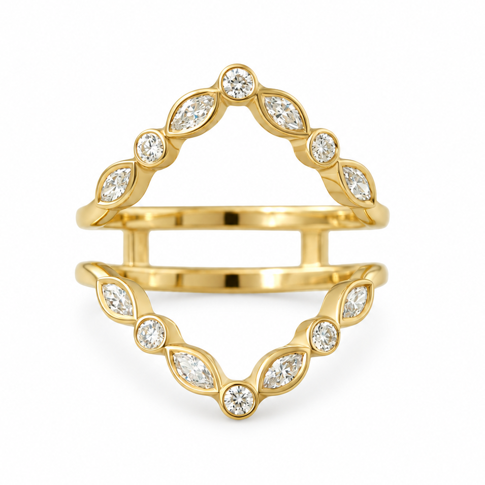 A gold open-shank ring featuring marquise-cut and round clear stones set along the top and bottom bands, photographed on a clean white background.