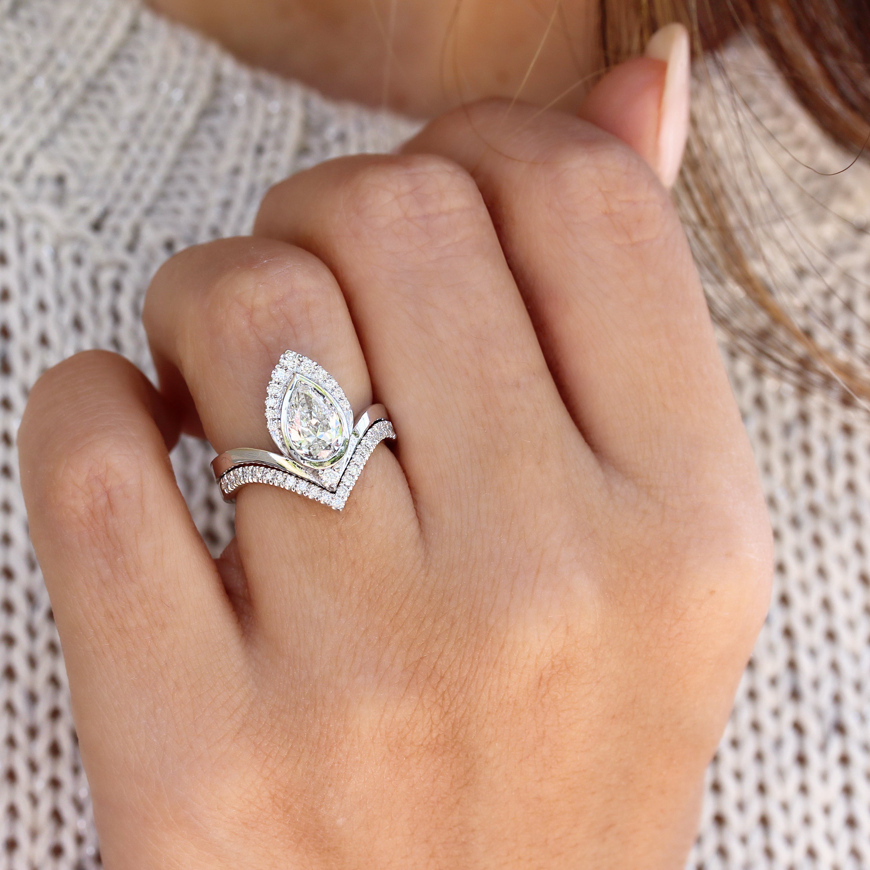 Pear Diamond with Matching Chevron V Wedding Band, Engagement Rings set, "Atyasha"