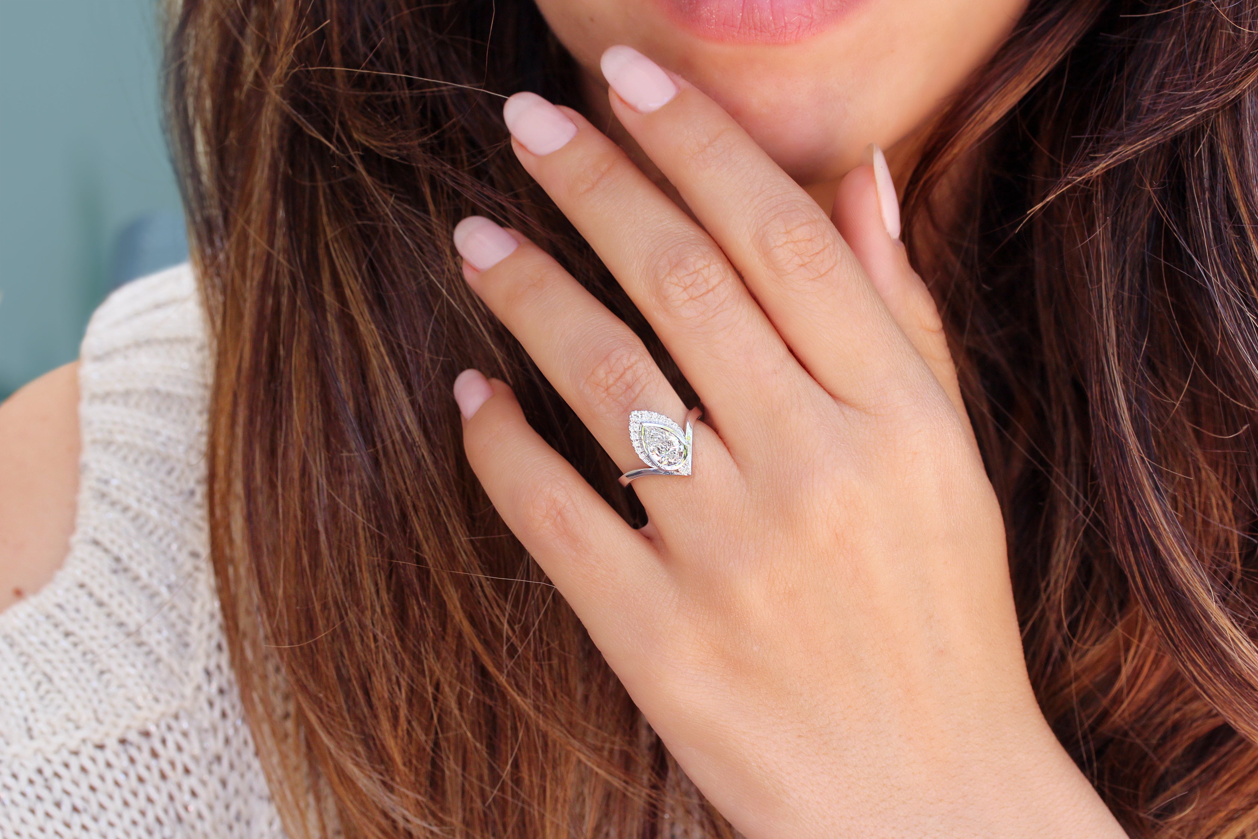 1ct Pear Diamond bezel set Unique Chevron Engagement Ring Atyasha 