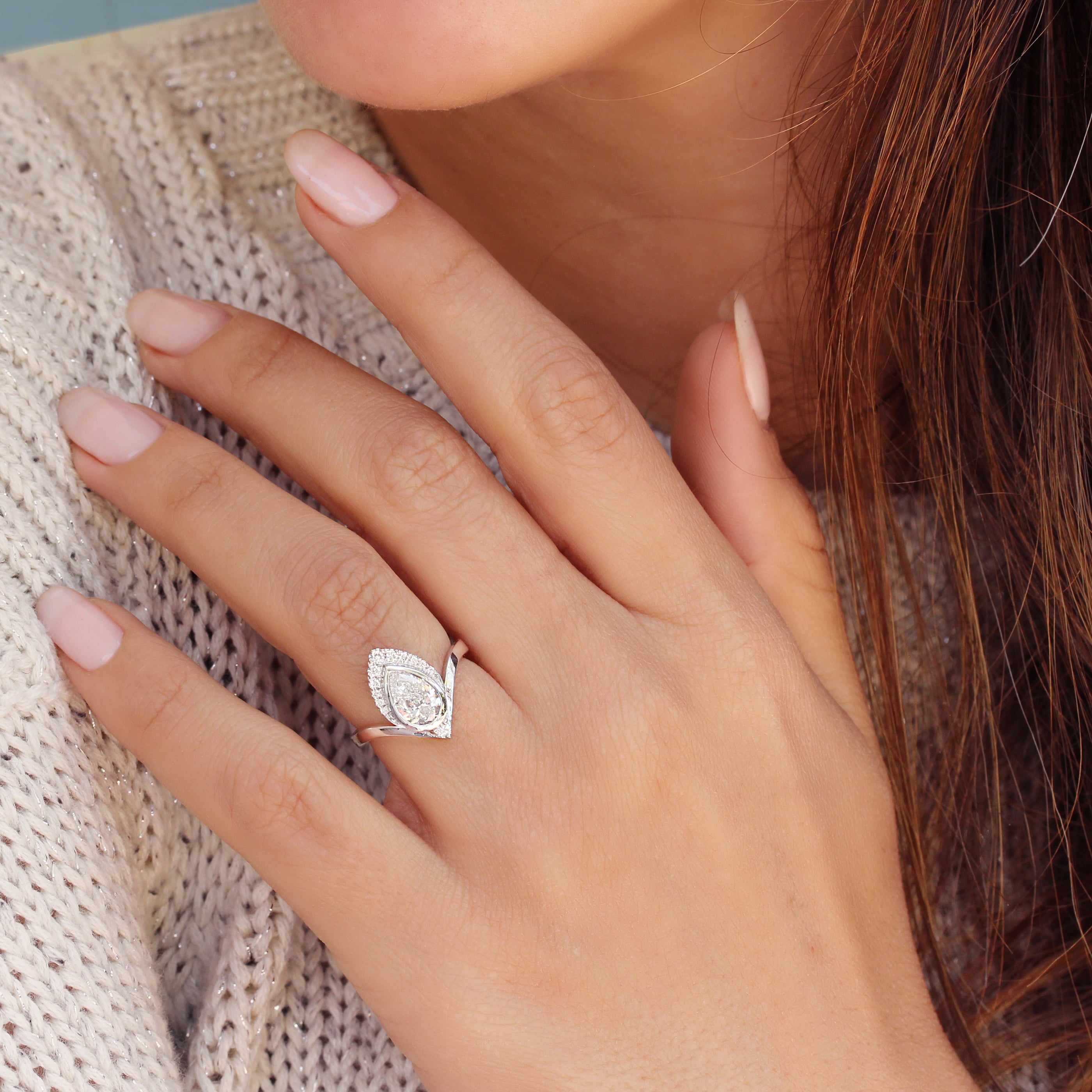 1ct Pear Diamond bezel set Unique Chevron Engagement Ring Atyasha 