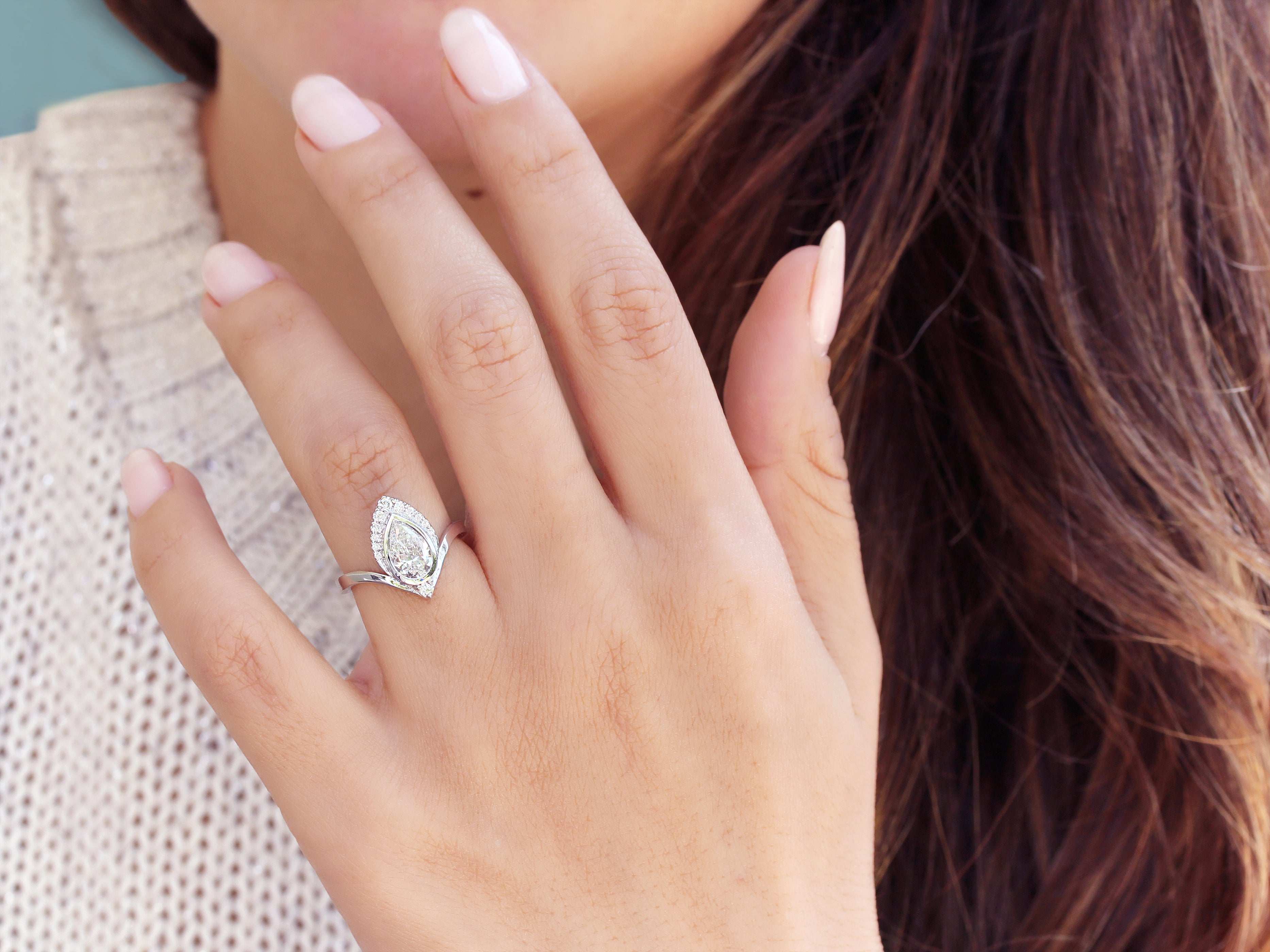 1ct Pear Diamond bezel set Unique Chevron Engagement Ring Atyasha 