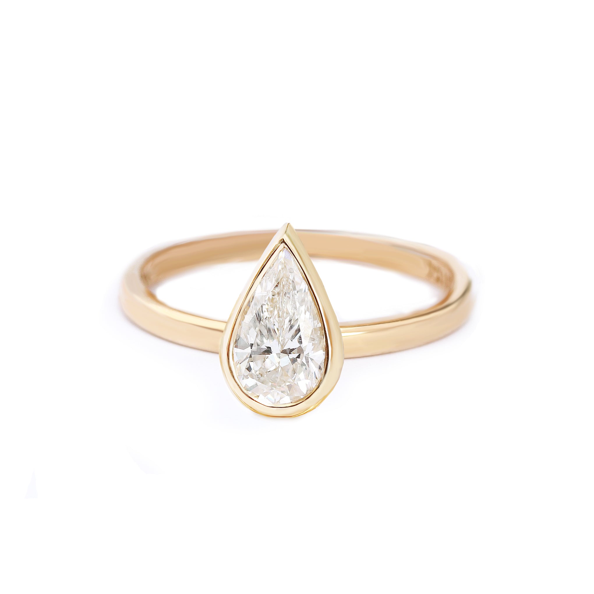 Pear Shape Bezel Solitaire Diamond Engagement Ring - Jade yellow gold