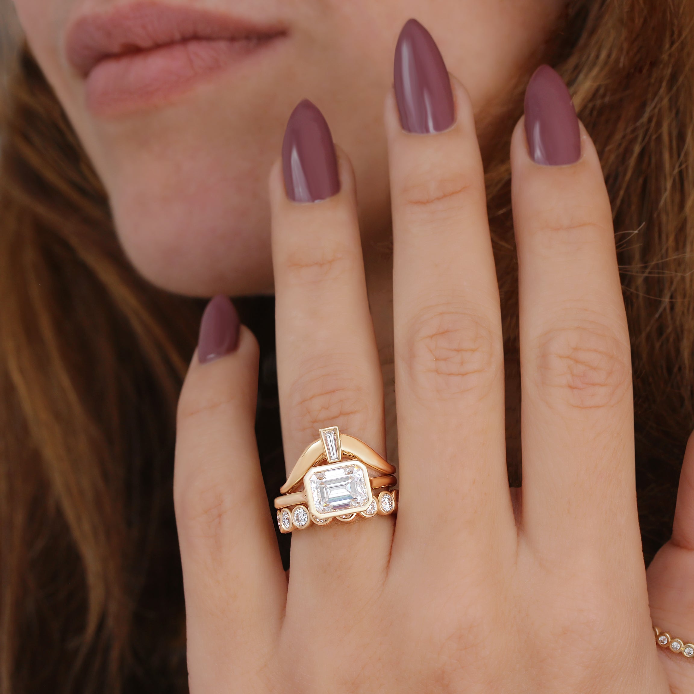 Taper Diamond Chunky Bold Gold Curve Statement Wedding sideband Mila ♥