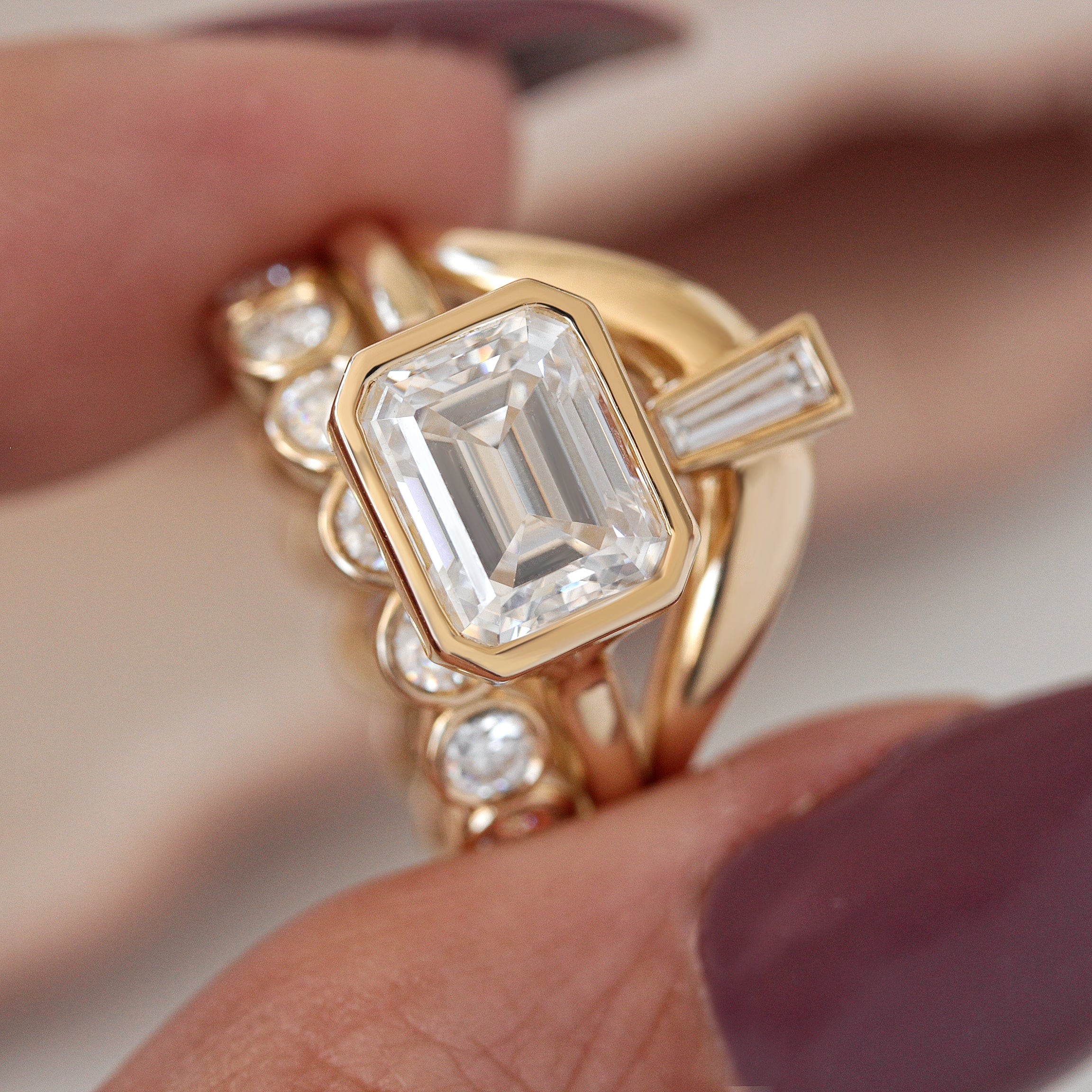 East West Emerald Cut Solitaire Bezel Set Diamond Engagement Ring - Jade