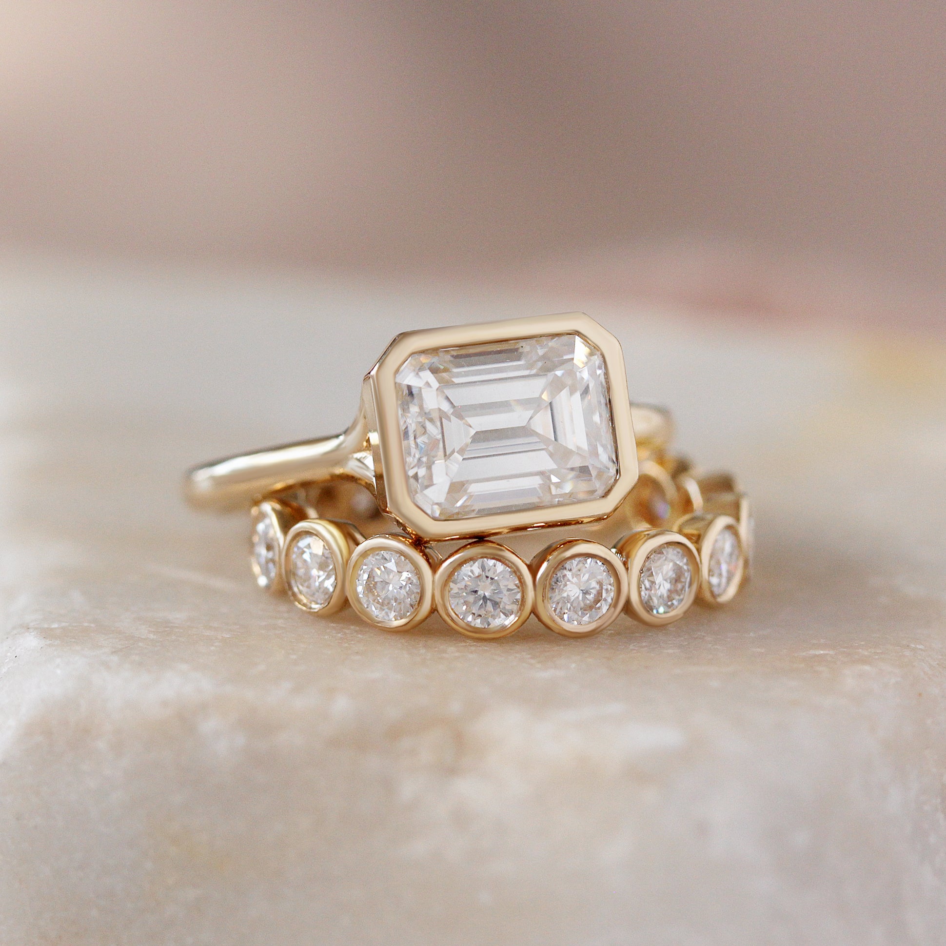 East West Emerald Cut Solitaire Bezel Set Diamond Engagement Ring - Jade