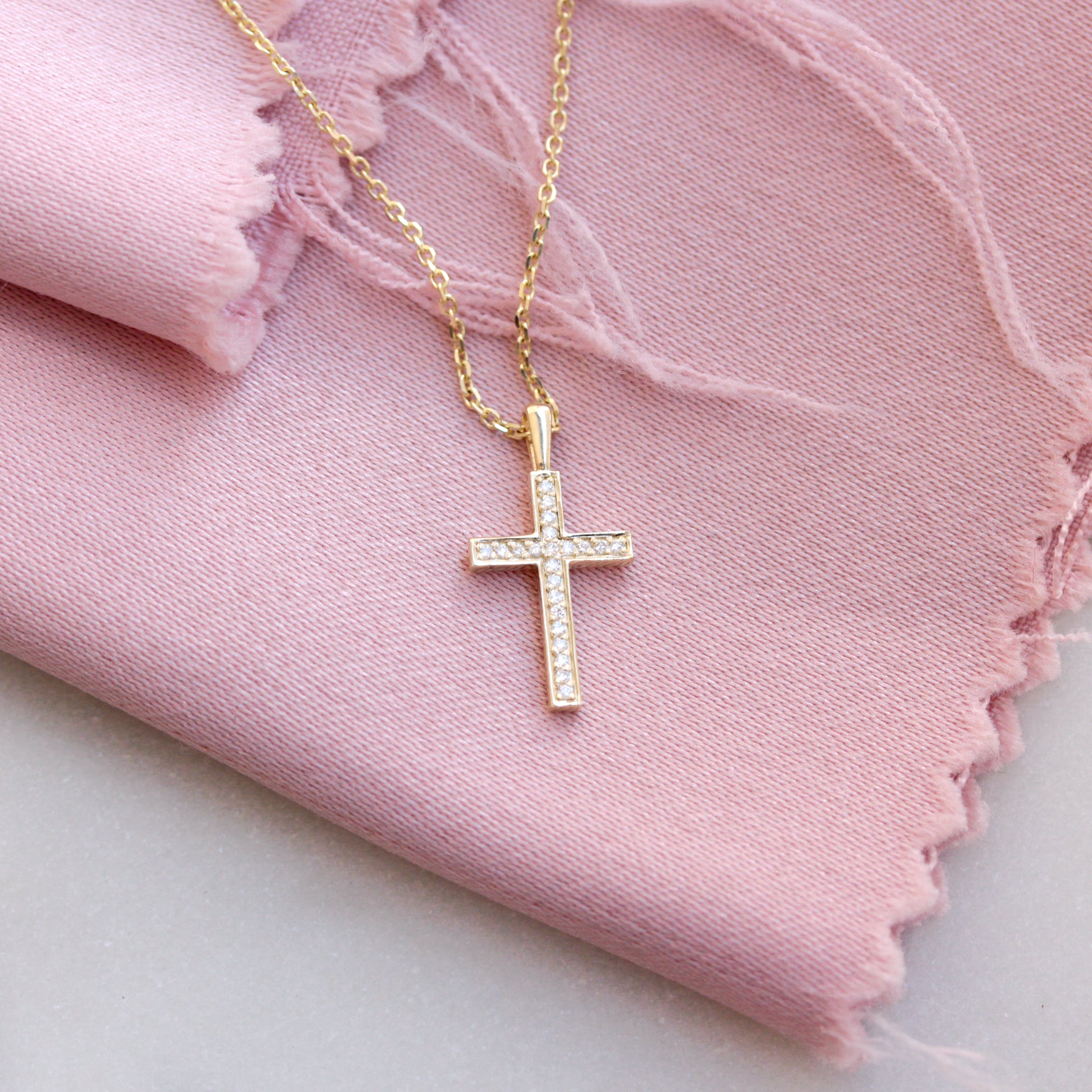 Dainty Cross Gold and Diamond Pendant Necklace