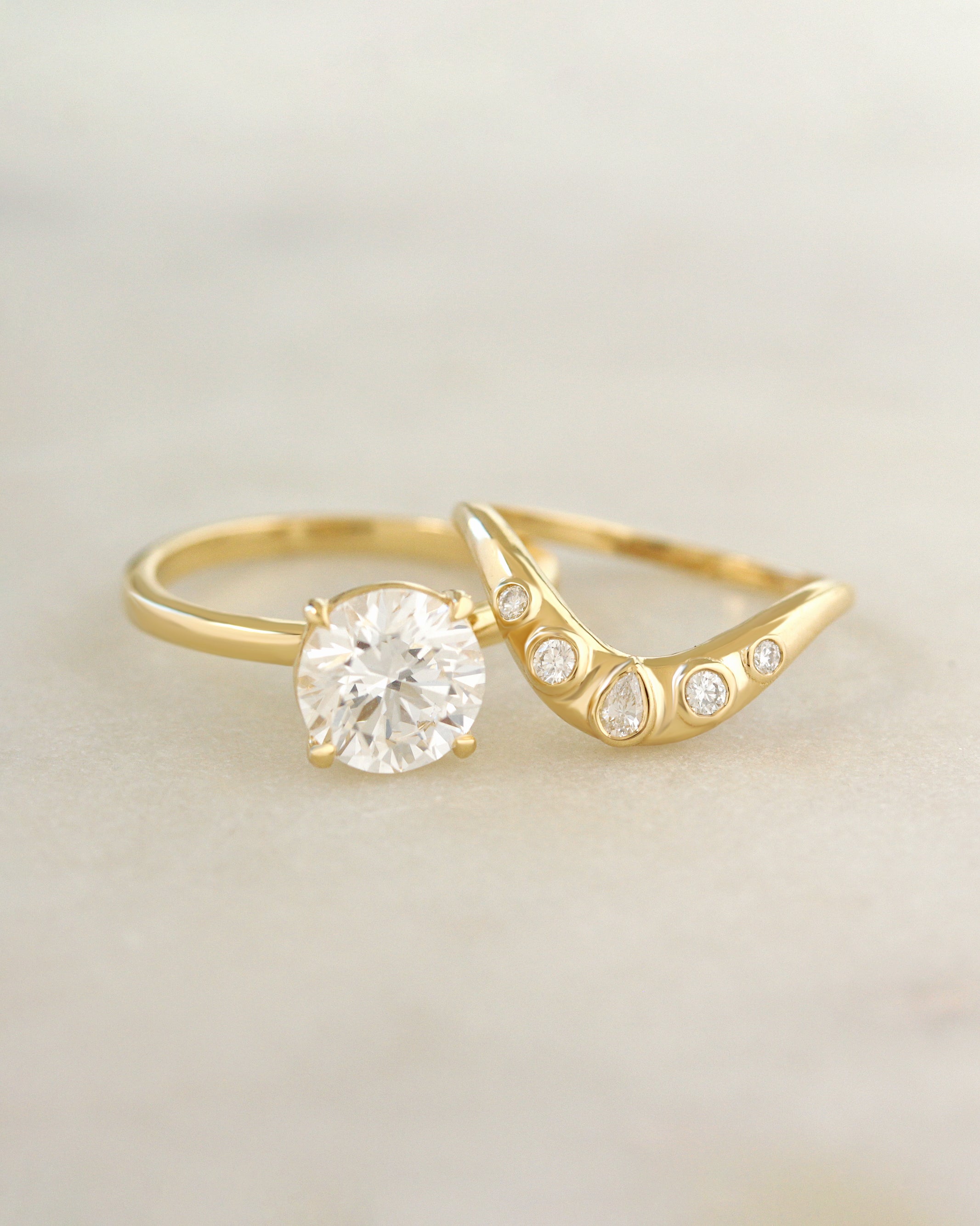 2ct Round Diamond Solitaire Arya with Curve Bold Gold Nesting Ring Mila Pear