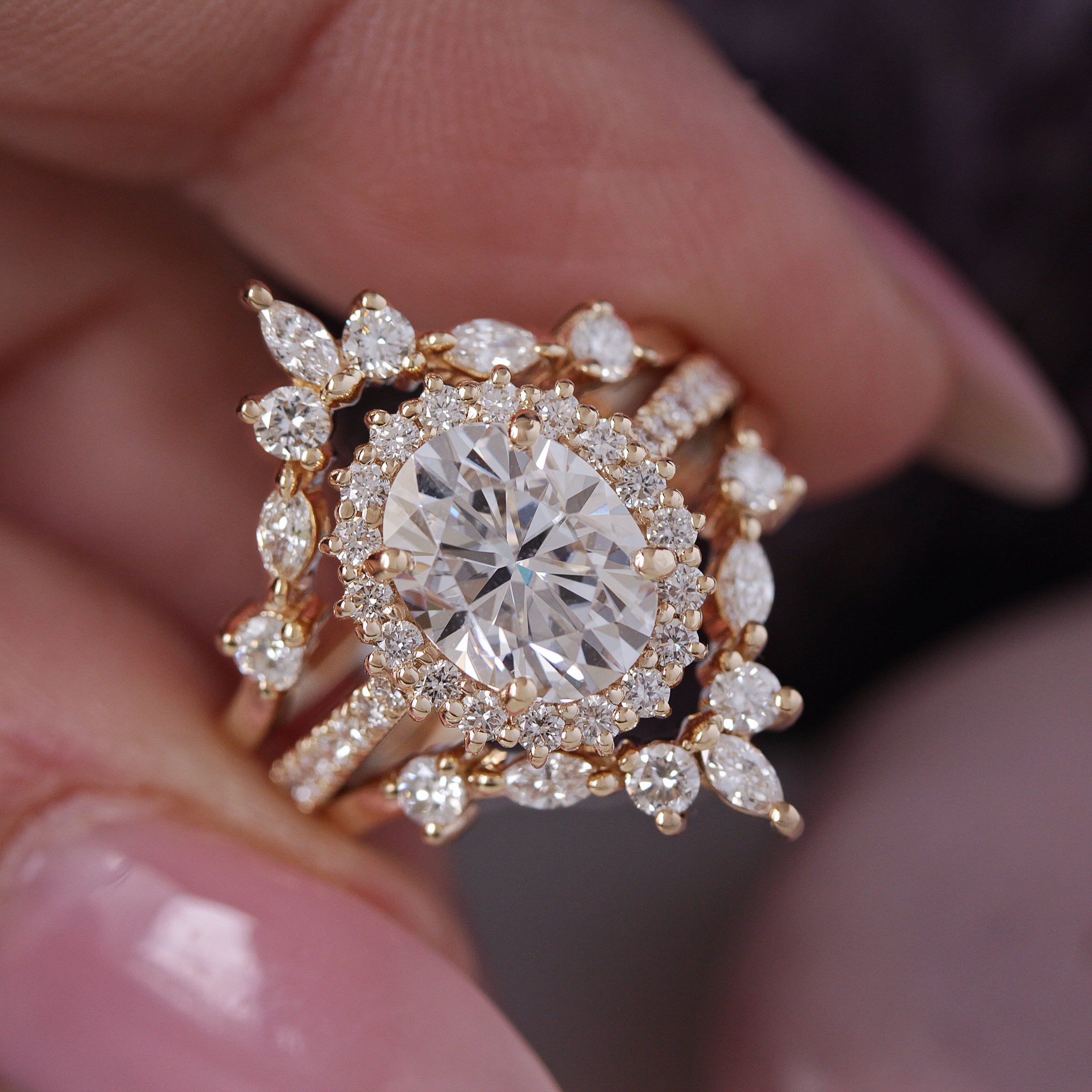 Oval Diamond Halo Engagement ring "Nia' & Two "Hermes" Nesting Bands Three Rings Set