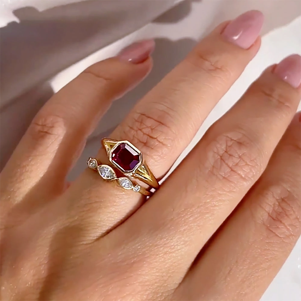 Ruby Emerald Cut East West Bezel Set Solitaire Modern Engagement Ring