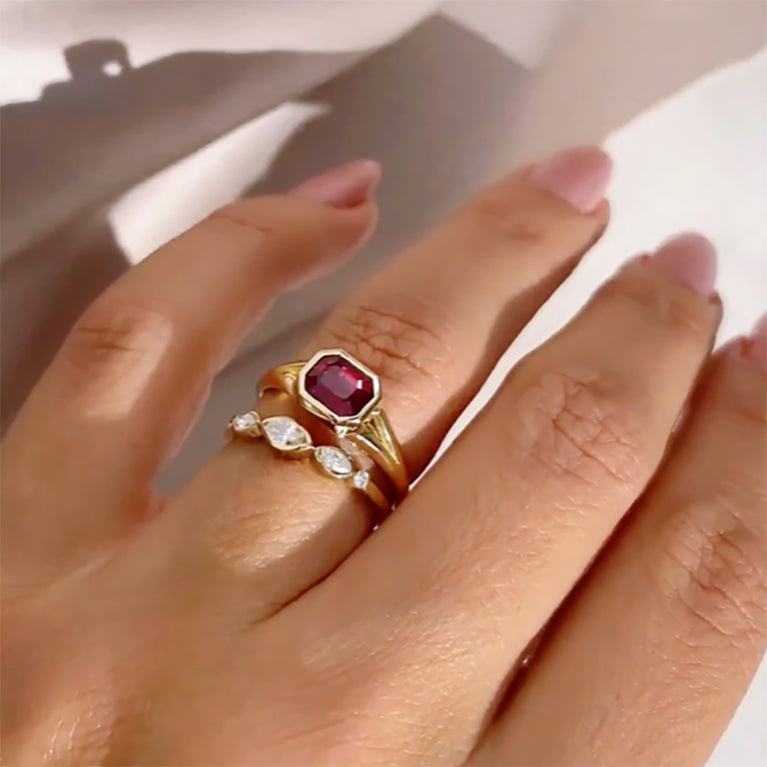 Ruby Emerald Cut East West Bezel Set Solitaire Modern Engagement Ring ...