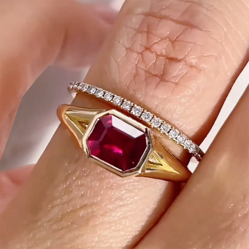 Ruby Emerald Cut East West Bezel Set Solitaire Modern Engagement Ring