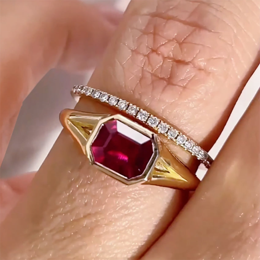 Ruby Emerald Cut East West Bezel Set Solitaire Modern Engagement Ring ...