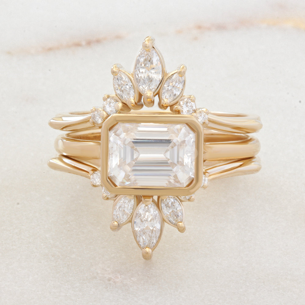 Emerald Cut Solitaire Bezel Set East West Diamond Engagement Ring With