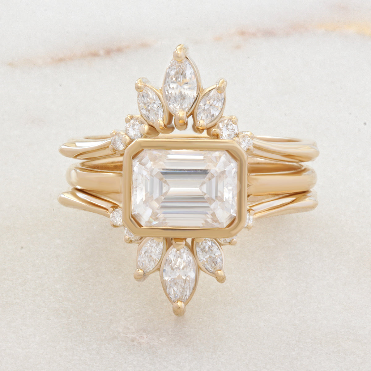 Emerald Cut Solitaire Bezel Set East West Diamond Engagement Ring With Ring Guard, Bridal Two Rings Set "Jade" & "Danielle"