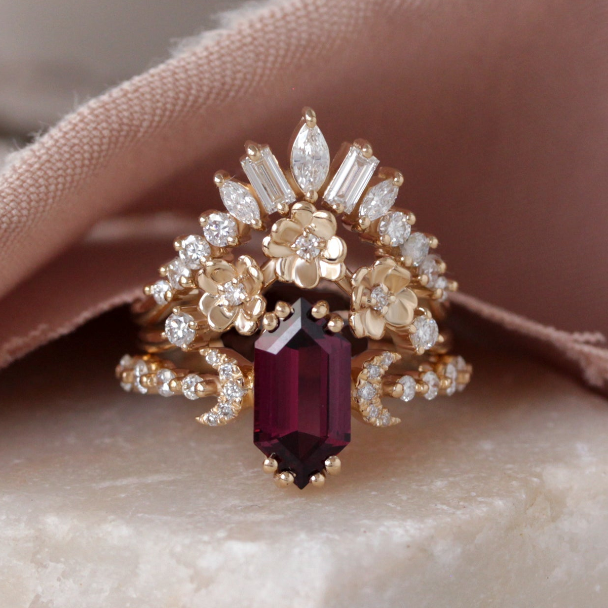 Long Hexagon Rhodolite Garnet and Diamonds Flowers Boho Engagement - Three Ring Set