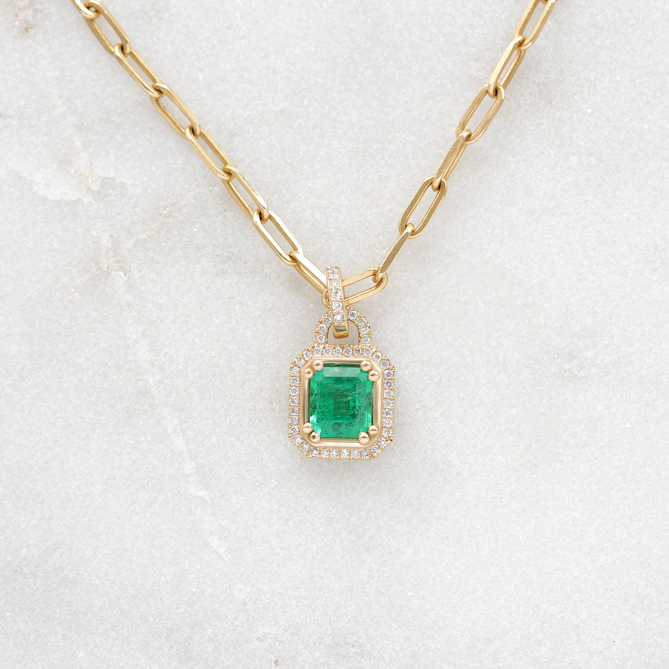 Emerald and Diamonds Lock Paperclip Necklace