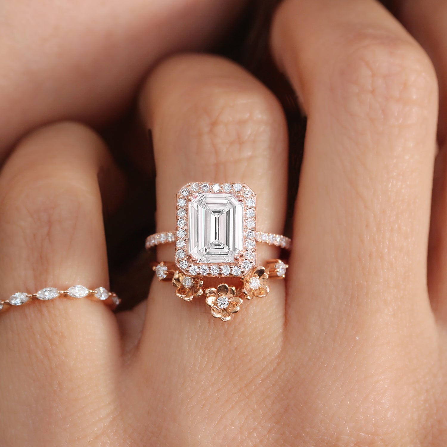 Emerald Cut Diamond & Diamond Halo Bridal Ring Set .  Naomi