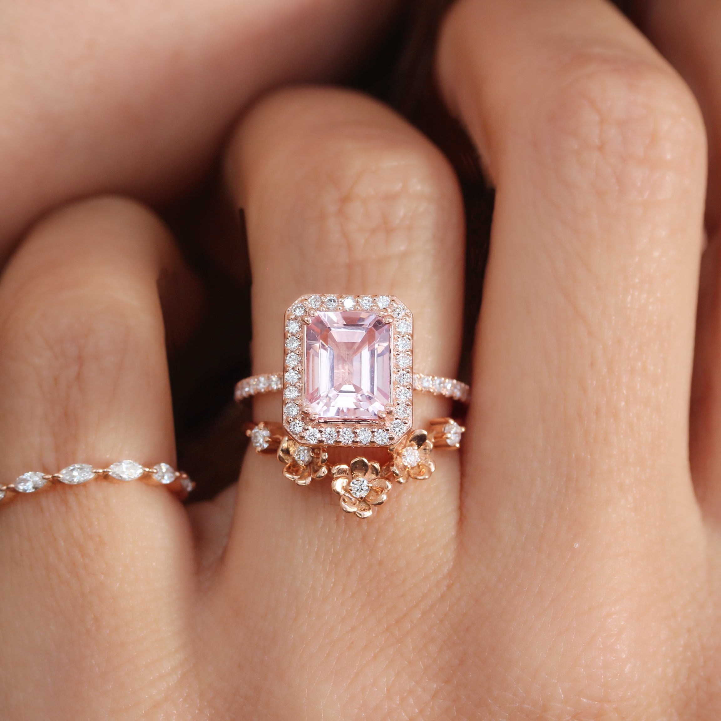 Emerald Cut Morganite & Diamond Halo Bridal Ring Set - Naomi