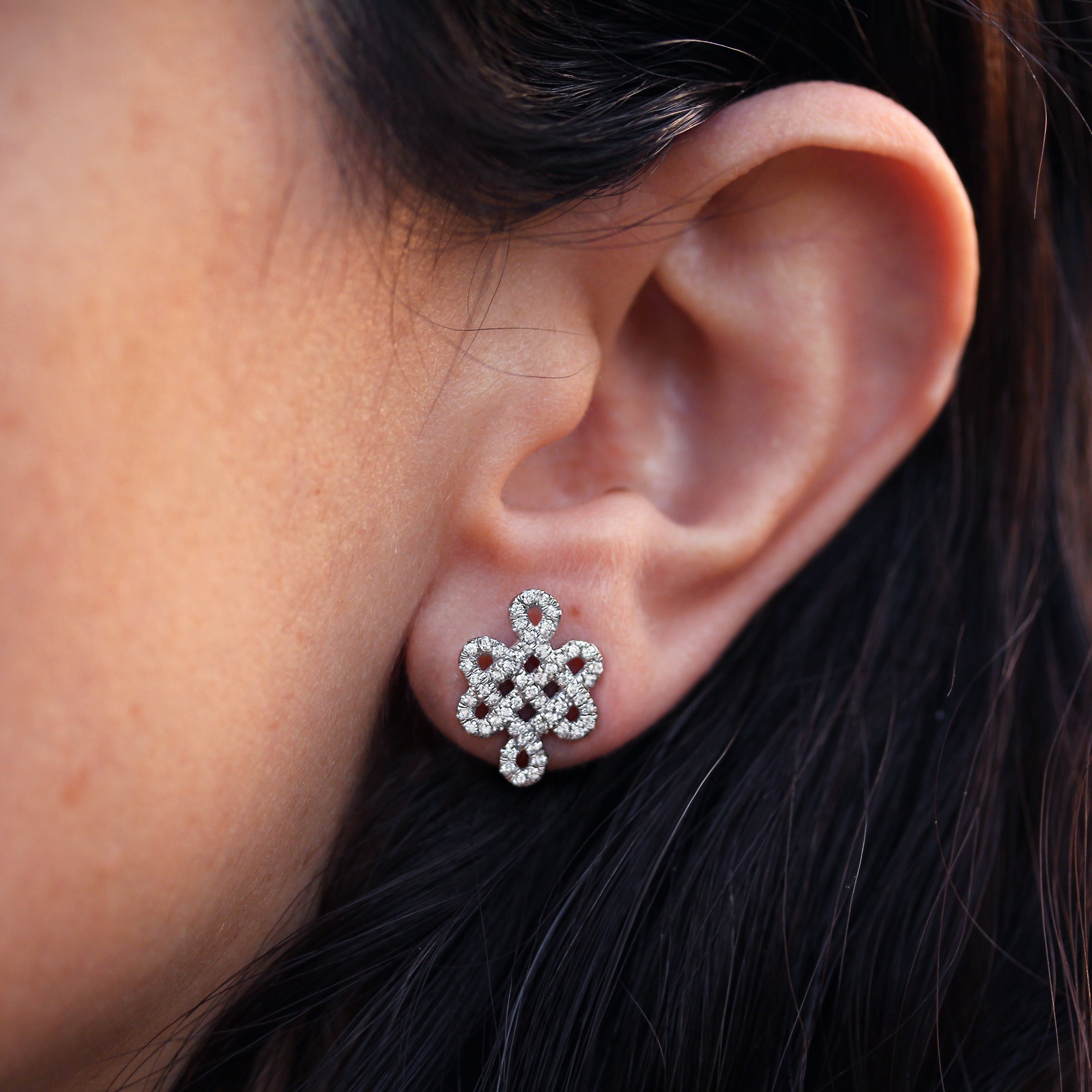 endless love knot tibetan symbol 14K white golds stud earrings 