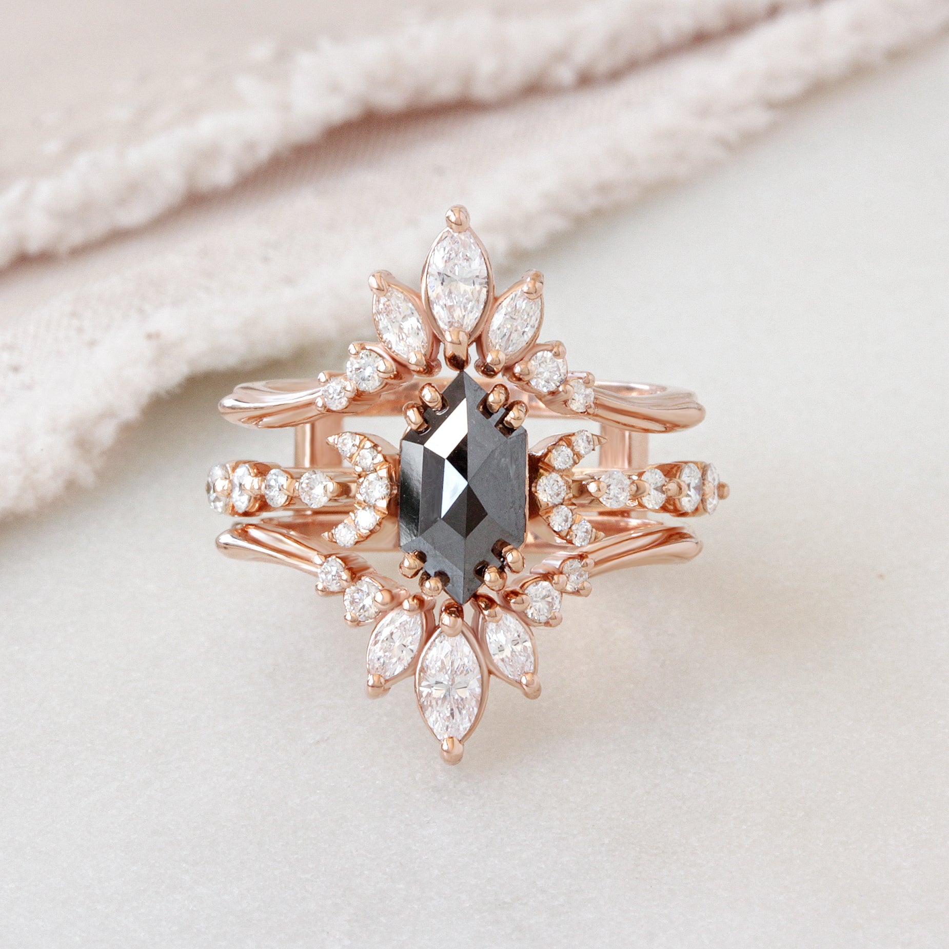 Long Hexagon Black Diamond and Danielle Ring Guard Alternative Celestial Engagement Ring Set