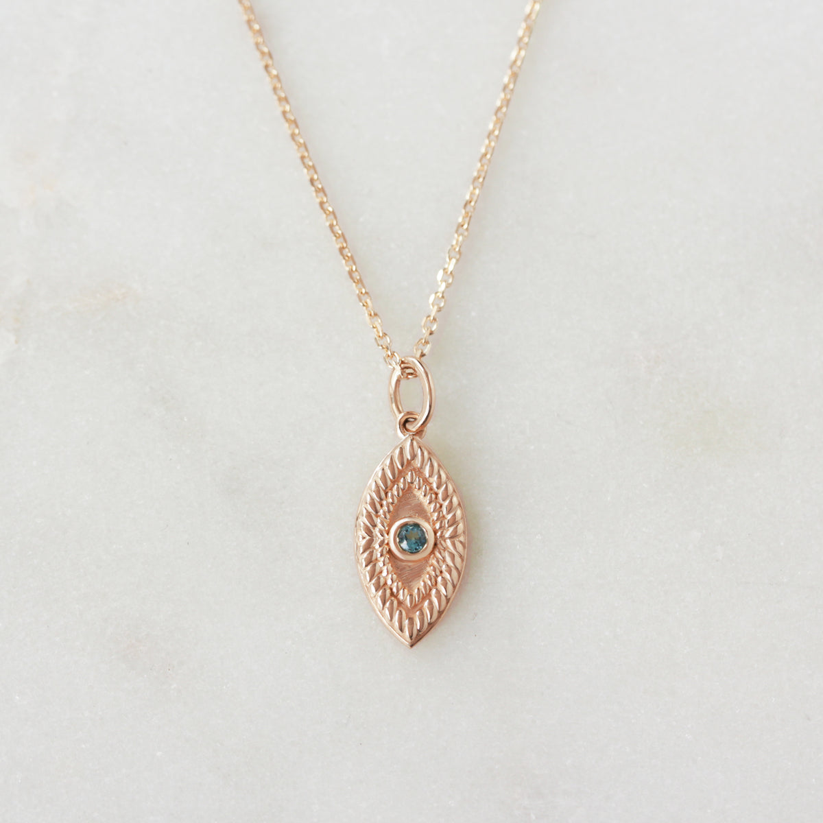 Evil Eye 14K Solid Gold Charm, protection Amulet Blue topaz rose gold