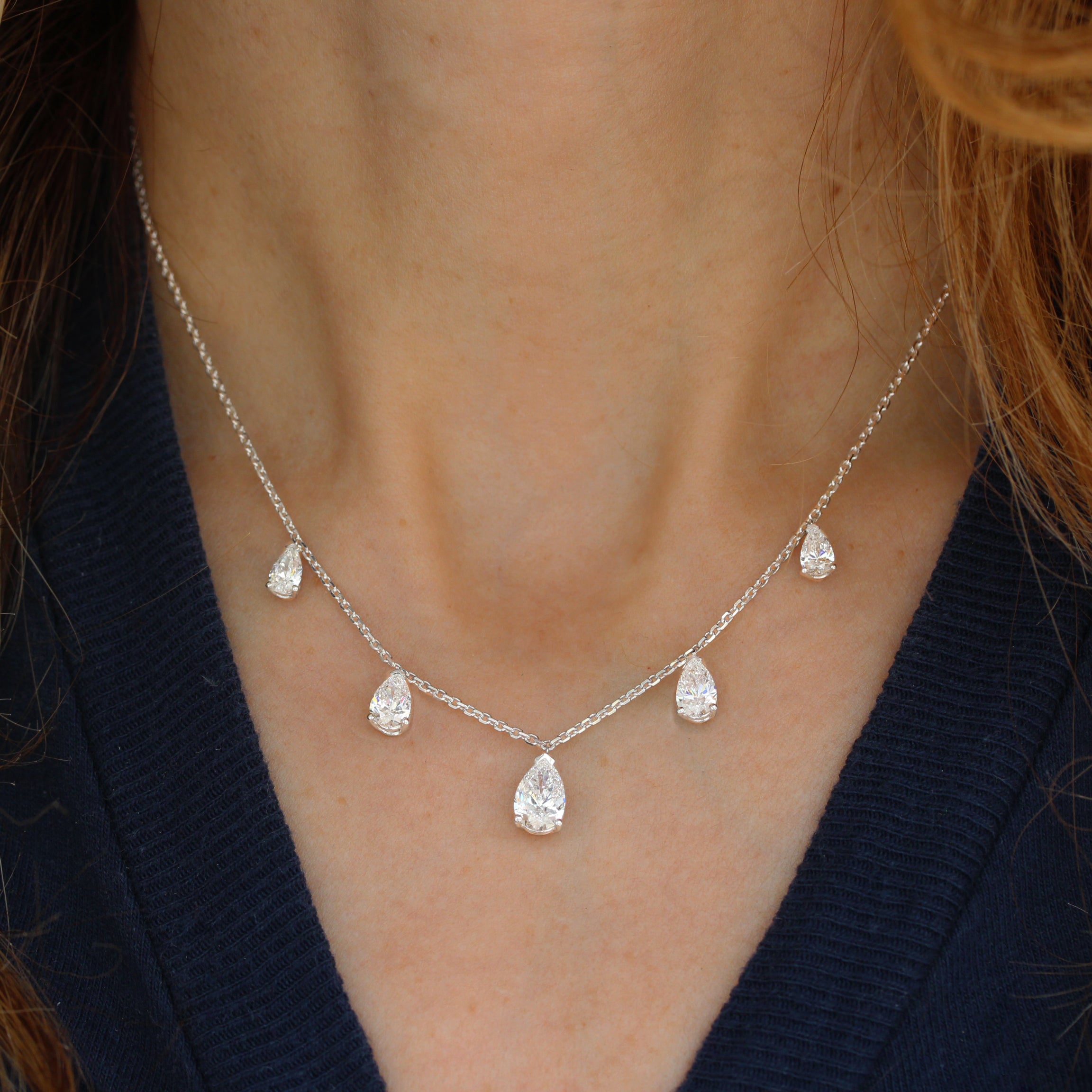 Five Pear Diamond Drops Charm Strand Necklace 2.50 Crat - White Gold