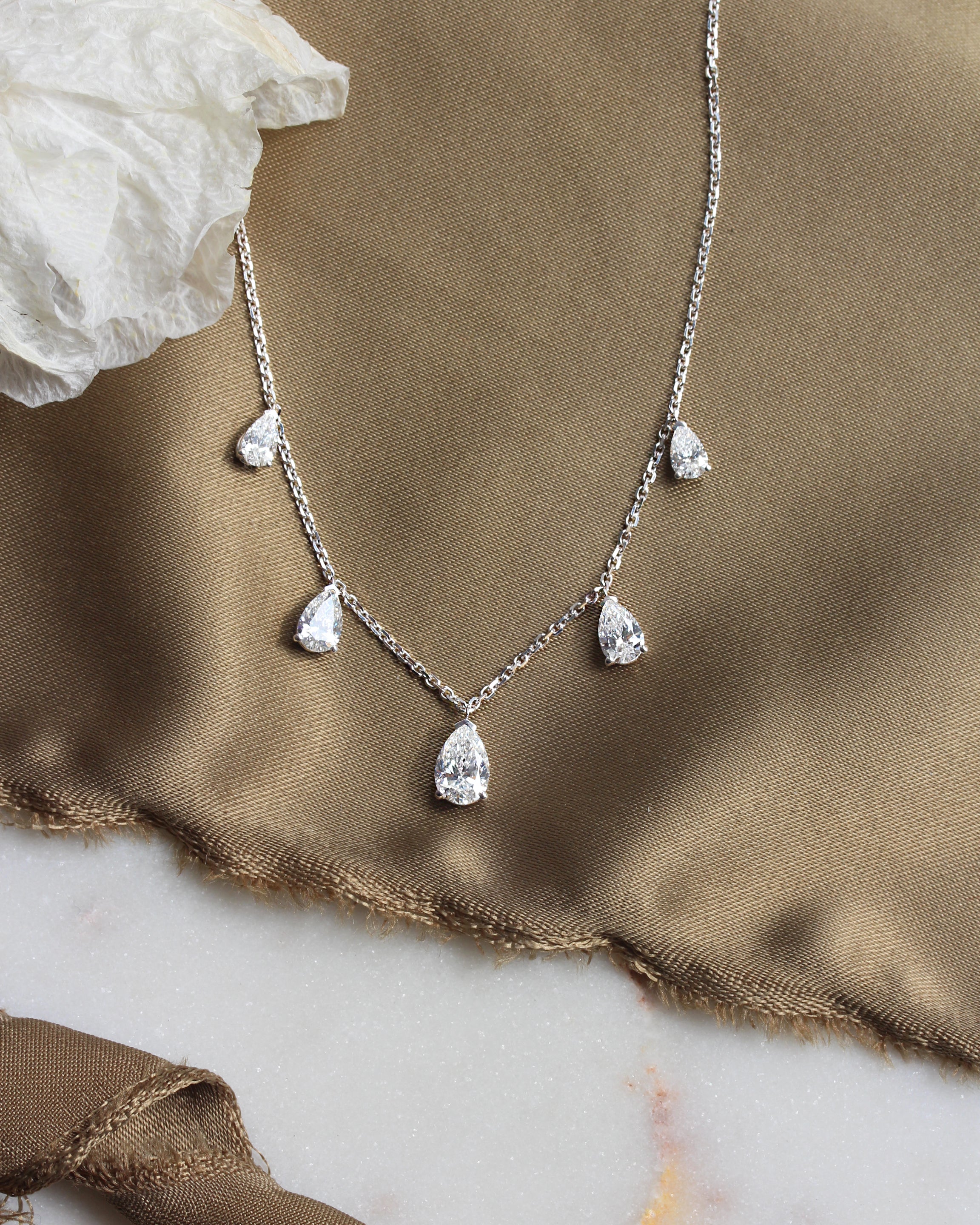 Five Pear Diamond Drops Charm Strand Necklace 2.50 Crat - White Gold