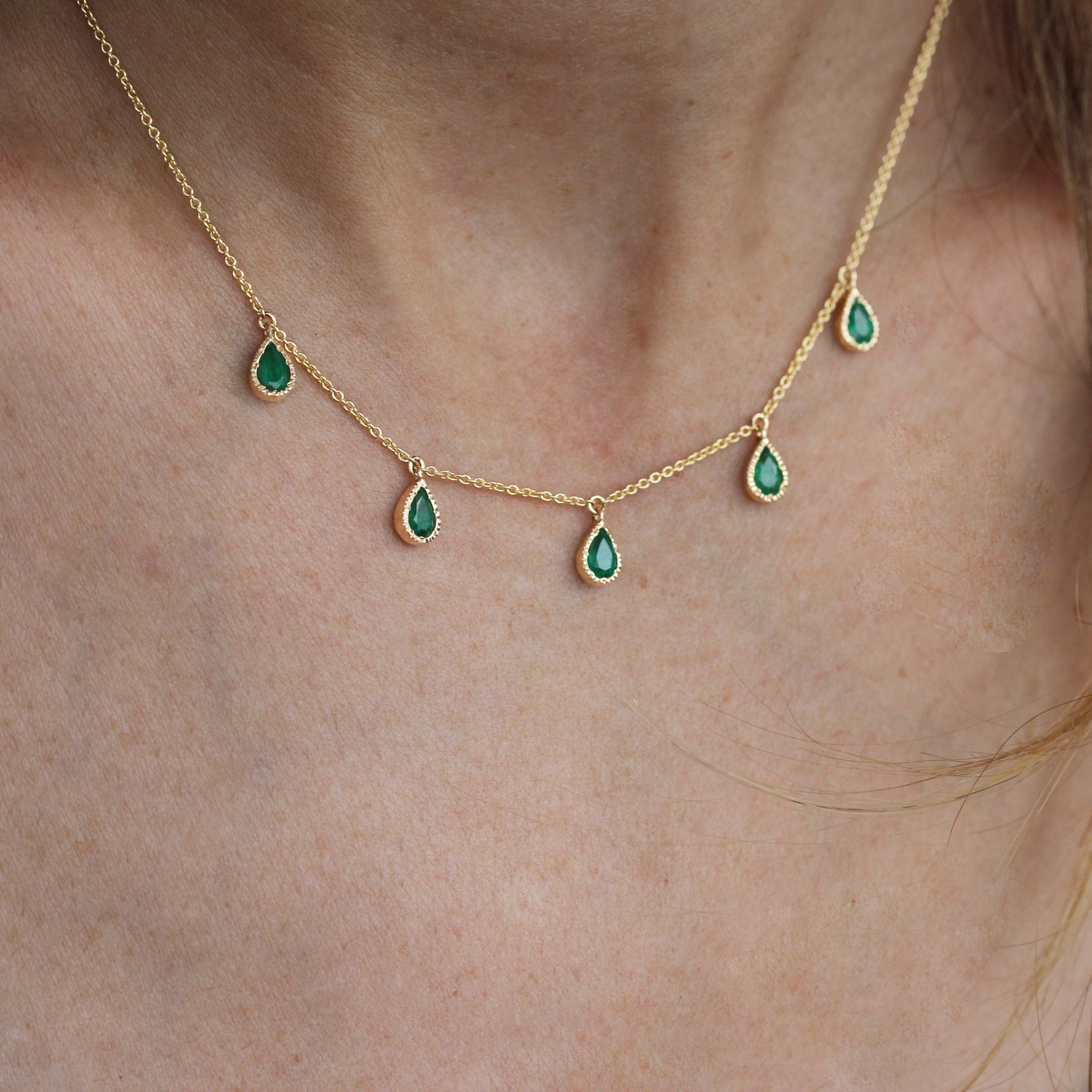 Five Pear Shape Emerald Bezel Set Station Necklace